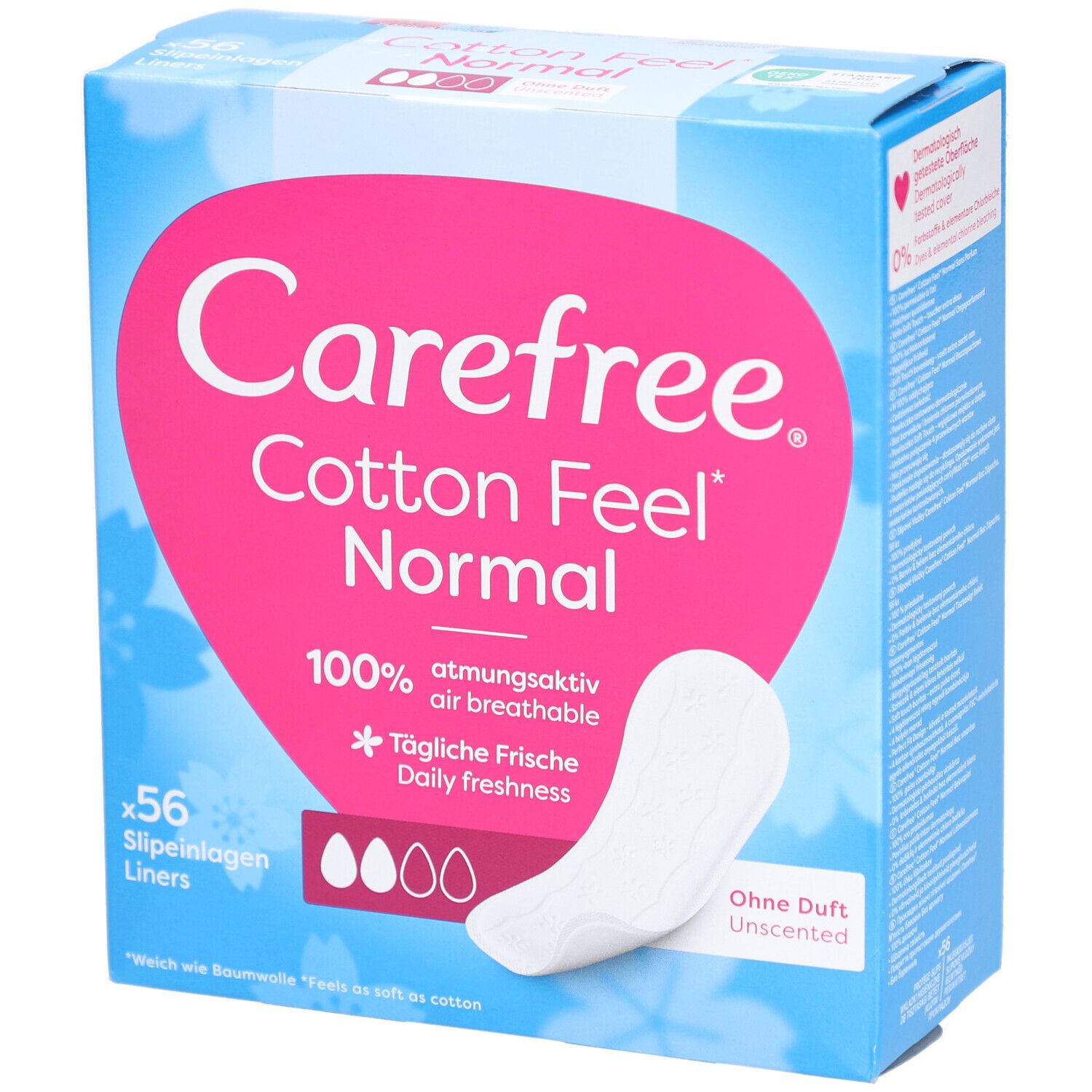 Carefree Cotton Feel Normal. 56 protège-slips. Sans parfum. Boîte avec produit et protège-slip individuel.