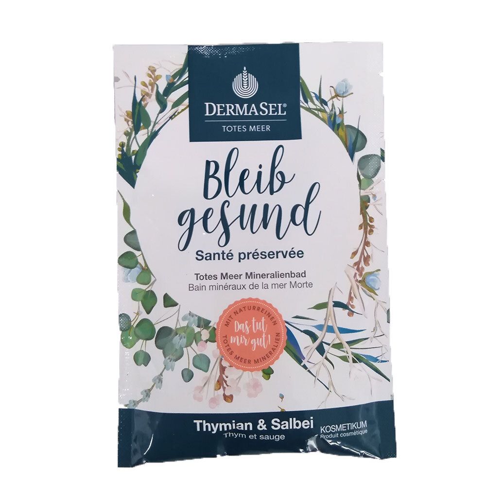 Sachet de sel de bain DERMASEL. Inscription 'Bleib gesund'. Illustrations de plantes. 'Totes Meer Mineralienbad'.