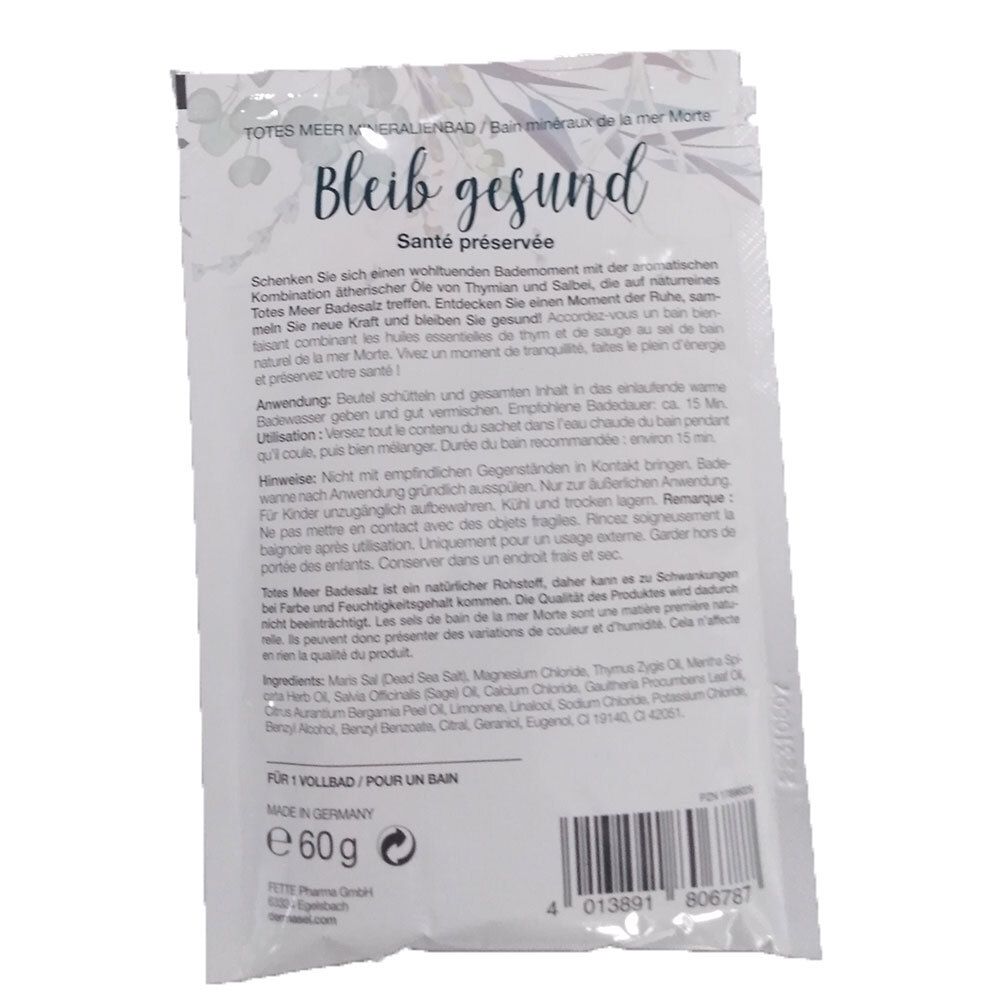 Dos du sachet de sel de bain DERMASEL. Texte : 'Bleib gesund'. Ingrédients et instructions d'utilisation.