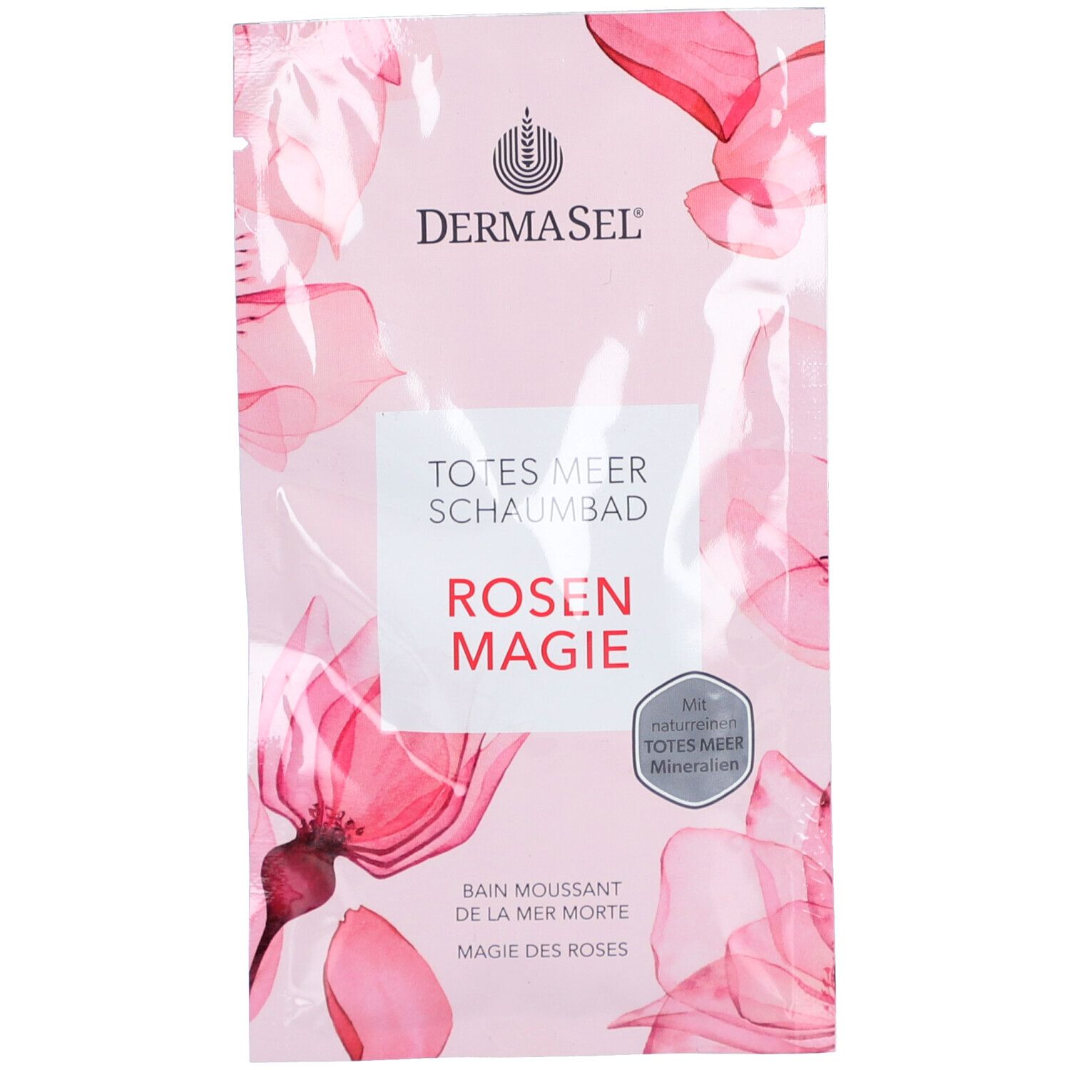 Sachet rose avec nom du produit et motif floral. Texte: Totes Meer Schaumbad Rosenzauber, marque DermaSel.