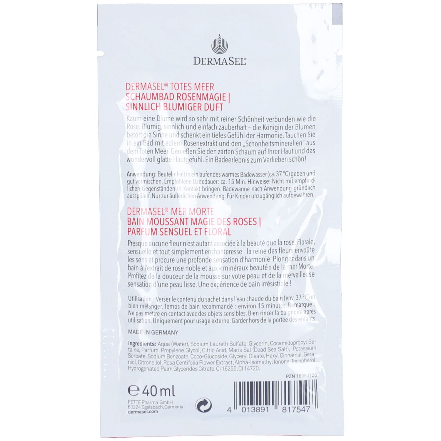 Dos du sachet rose. Texte: nom du produit, ingrédients, instructions d'utilisation, marque DermaSel, volume 40ml.