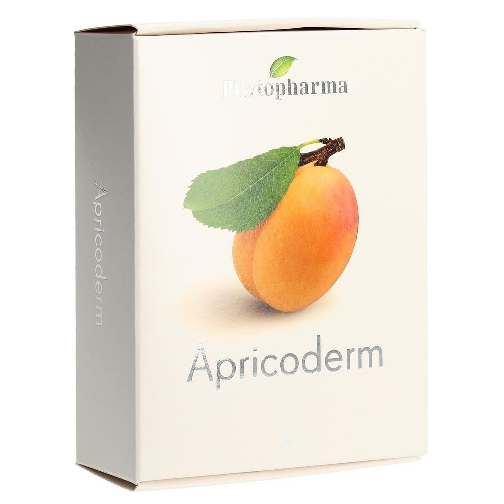 Boîte en carton avec logo Phytopharma et illustration d'abricot. Inscription Apricoderm. Texte gris sur fond clair.