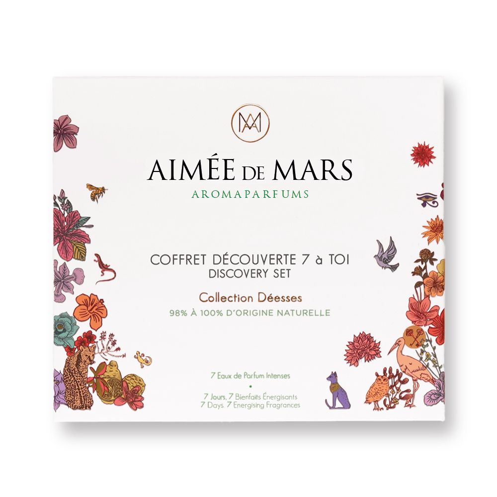 Coffret cadeau avec illustrations florales. Boîte blanche avec nom du produit et texte. 7 échantillons de parfum.