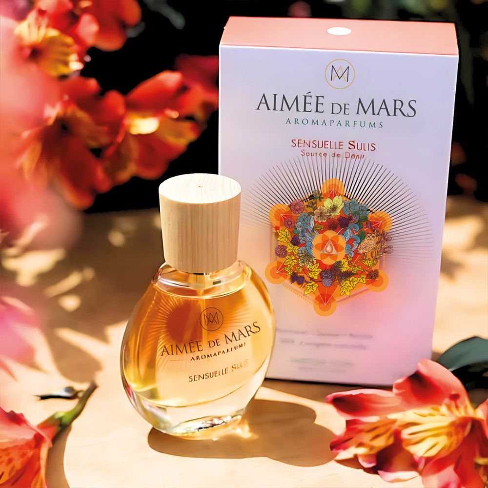 Flacon de parfum et emballage. Flacon rond, verre, bouchon bois. Emballage blanc, orange. Inscription : Aimée de Mars.