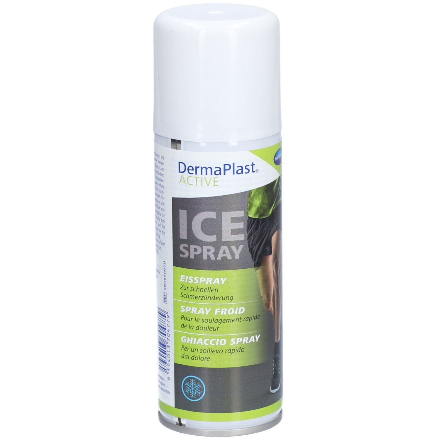 Spray blanc avec bouchon blanc. Inscription: DermaPlast ACTIVE ICE SPRAY. Illustration d'une jambe.