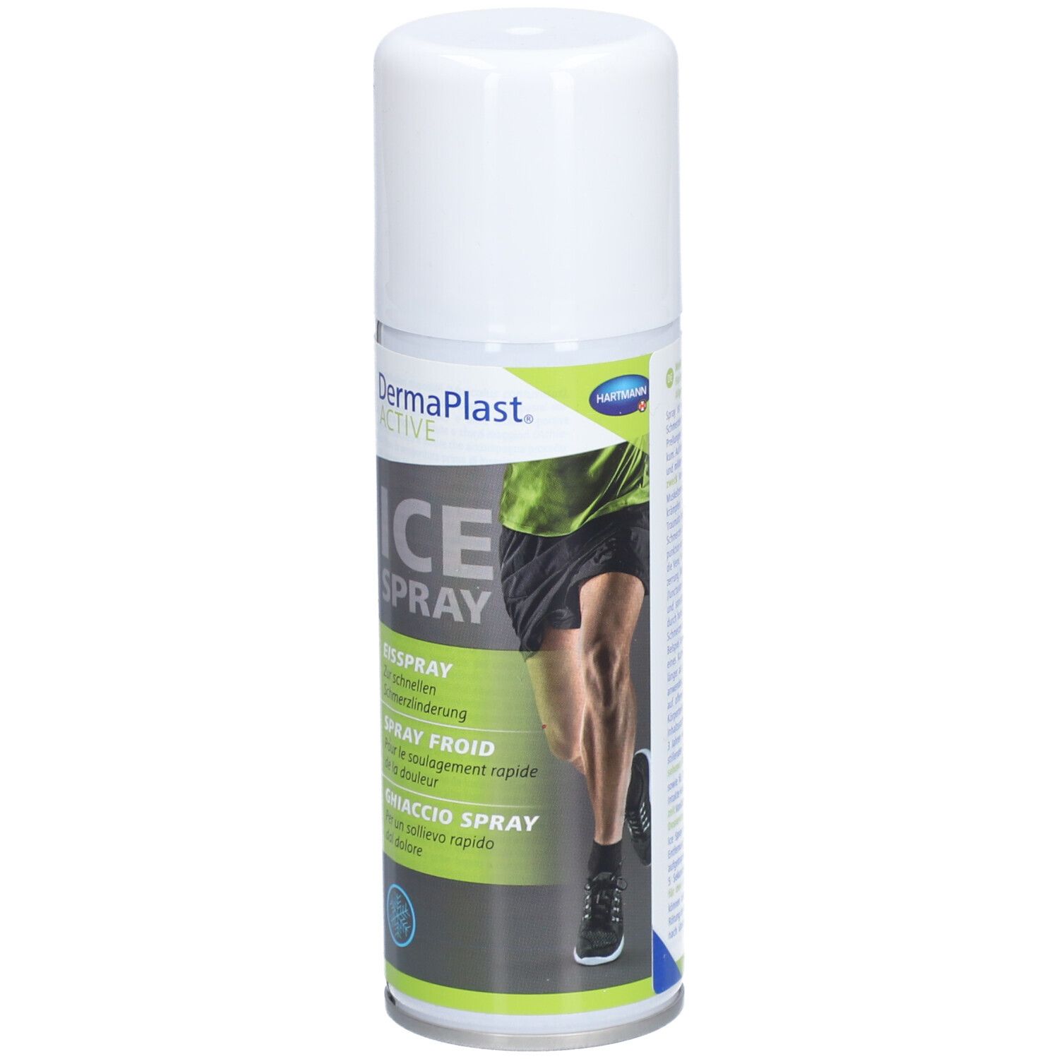 Spray blanc avec bouchon blanc. Inscription: DermaPlast ACTIVE ICE SPRAY. Illustration d'une jambe.