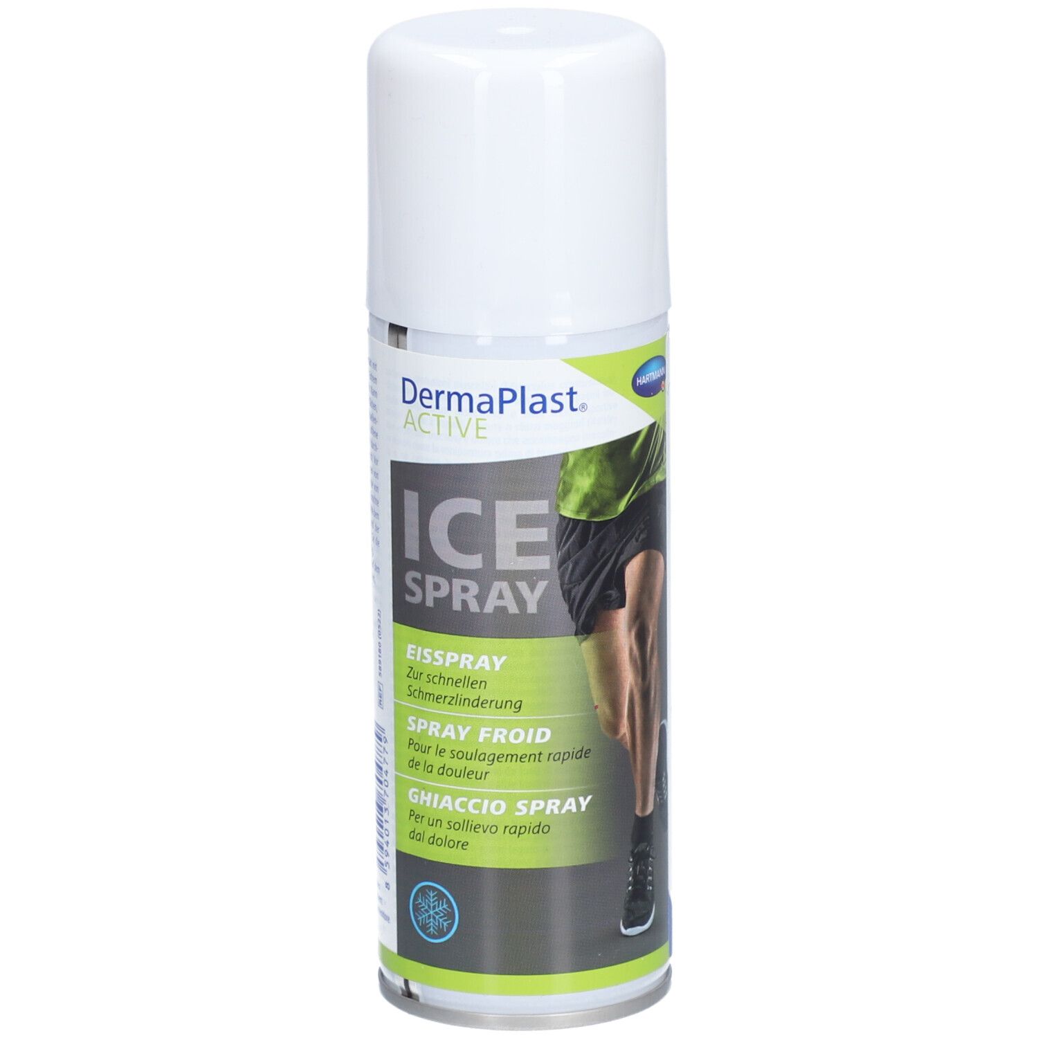 Spray blanc avec bouchon blanc. Inscription: DermaPlast ACTIVE ICE SPRAY. Illustration d'une jambe.