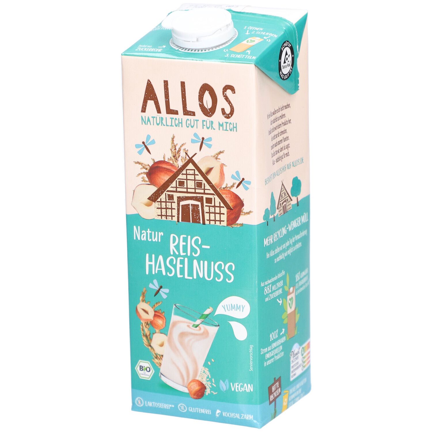 Brique de Allos boisson riz-noisette. Illustrations de noisettes, pommes et insectes. Vegan, sans gluten.