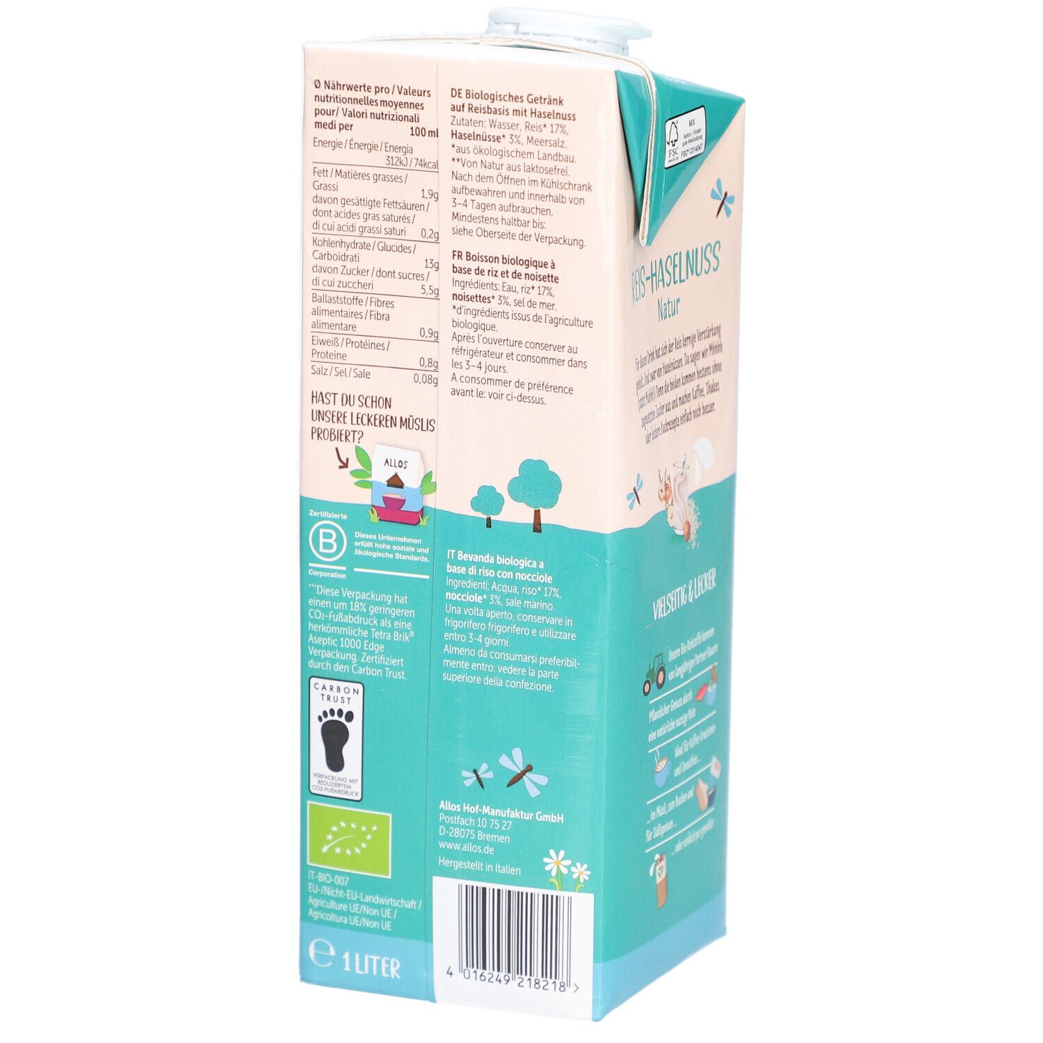 Dos de la brique Allos boisson riz-noisette. Informations nutritionnelles, label bio et informations fabricant.