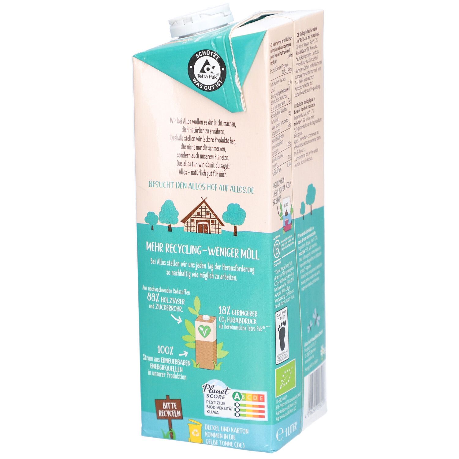 Dos de la brique Allos boisson riz-noisette. Texte sur le recyclage et la durabilité. Planet Score.