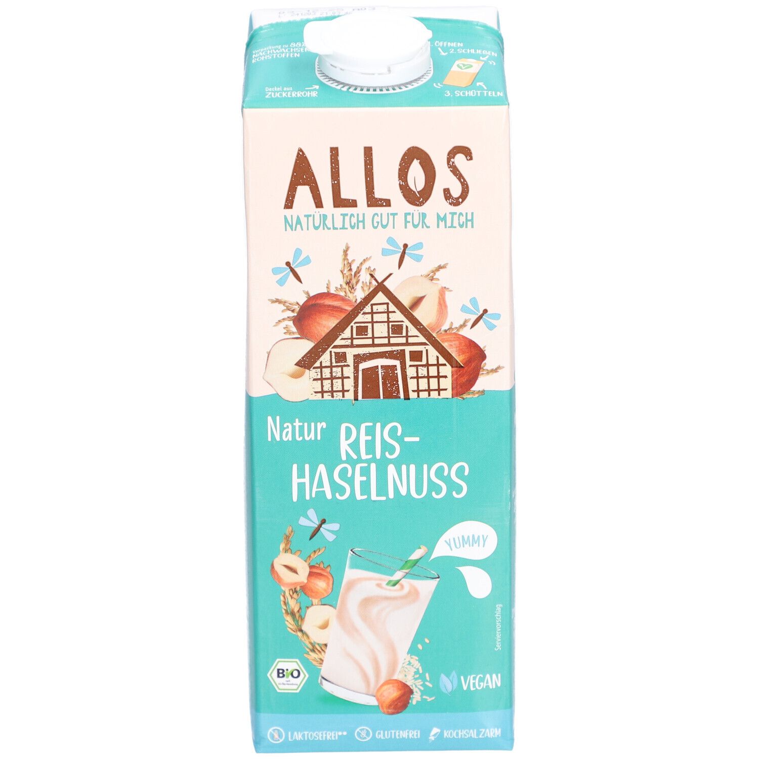 Brique Allos boisson riz-noisette. Illustrations de noisettes, pommes et insectes. Vegan, sans gluten.