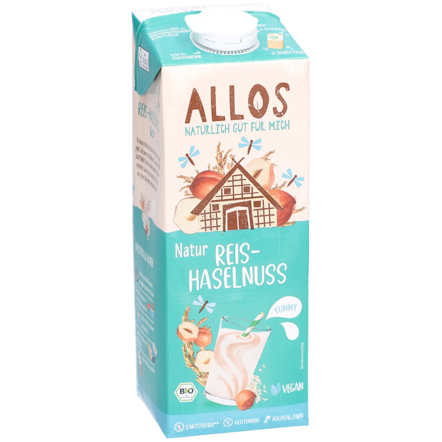Brique Allos boisson riz-noisette. Illustrations de noisettes, pommes et insectes. Vegan, sans gluten.