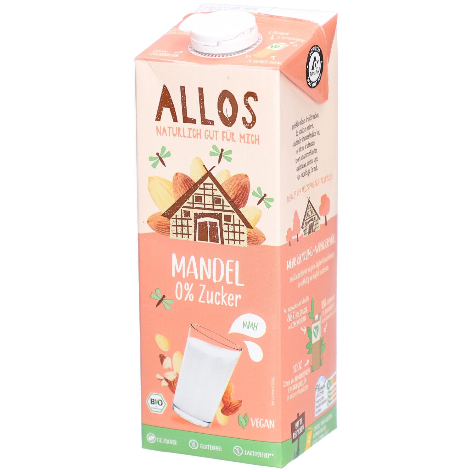 Brique Allos Mandel Drink, 0% sucre. Inscription : Mandel, EU Bio, Vegan. Illustration : verre de boisson aux amandes.
