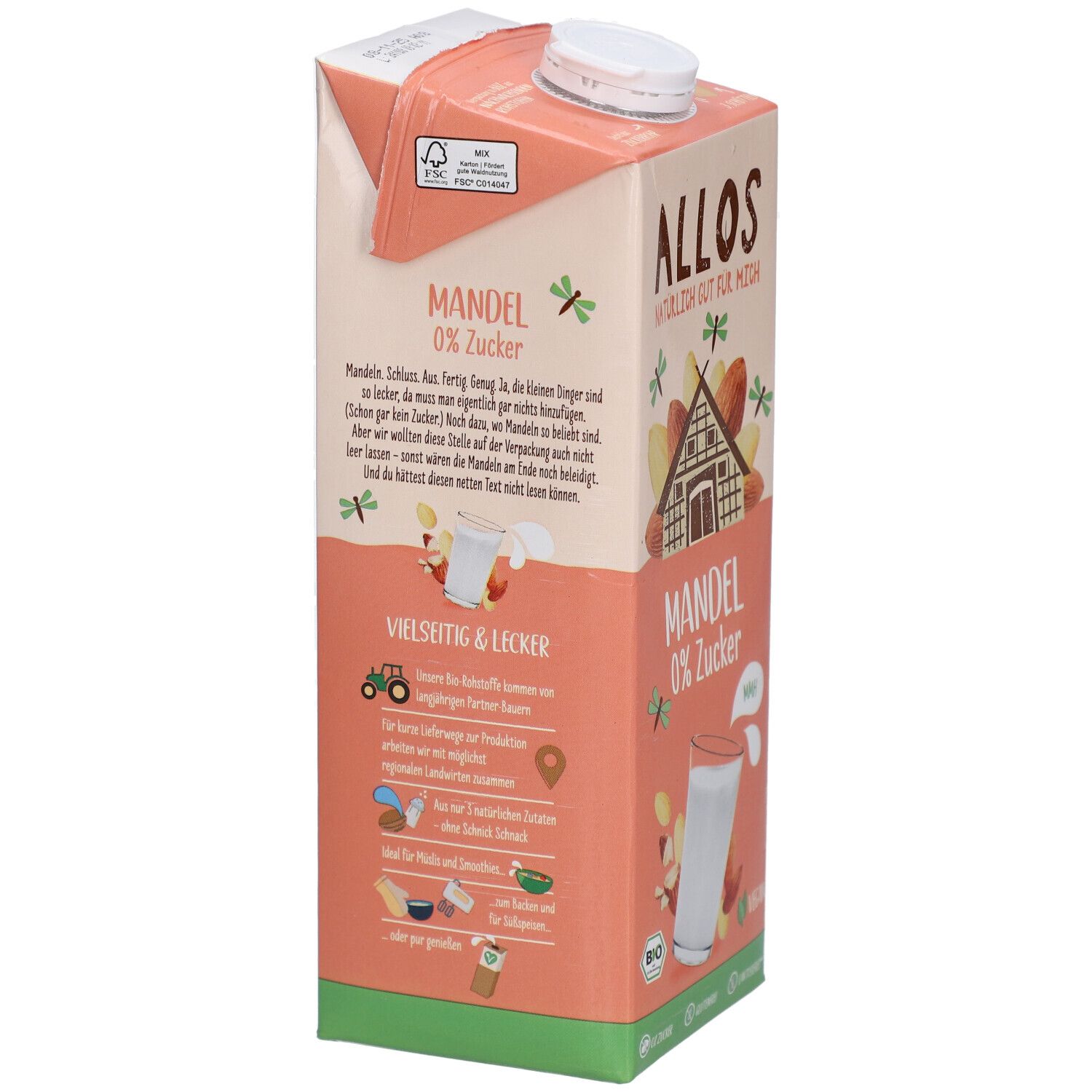Brique Allos Mandel Drink, 0% sucre. Texte et illustrations sur la fabrication et les ingrédients. Label EU Bio.