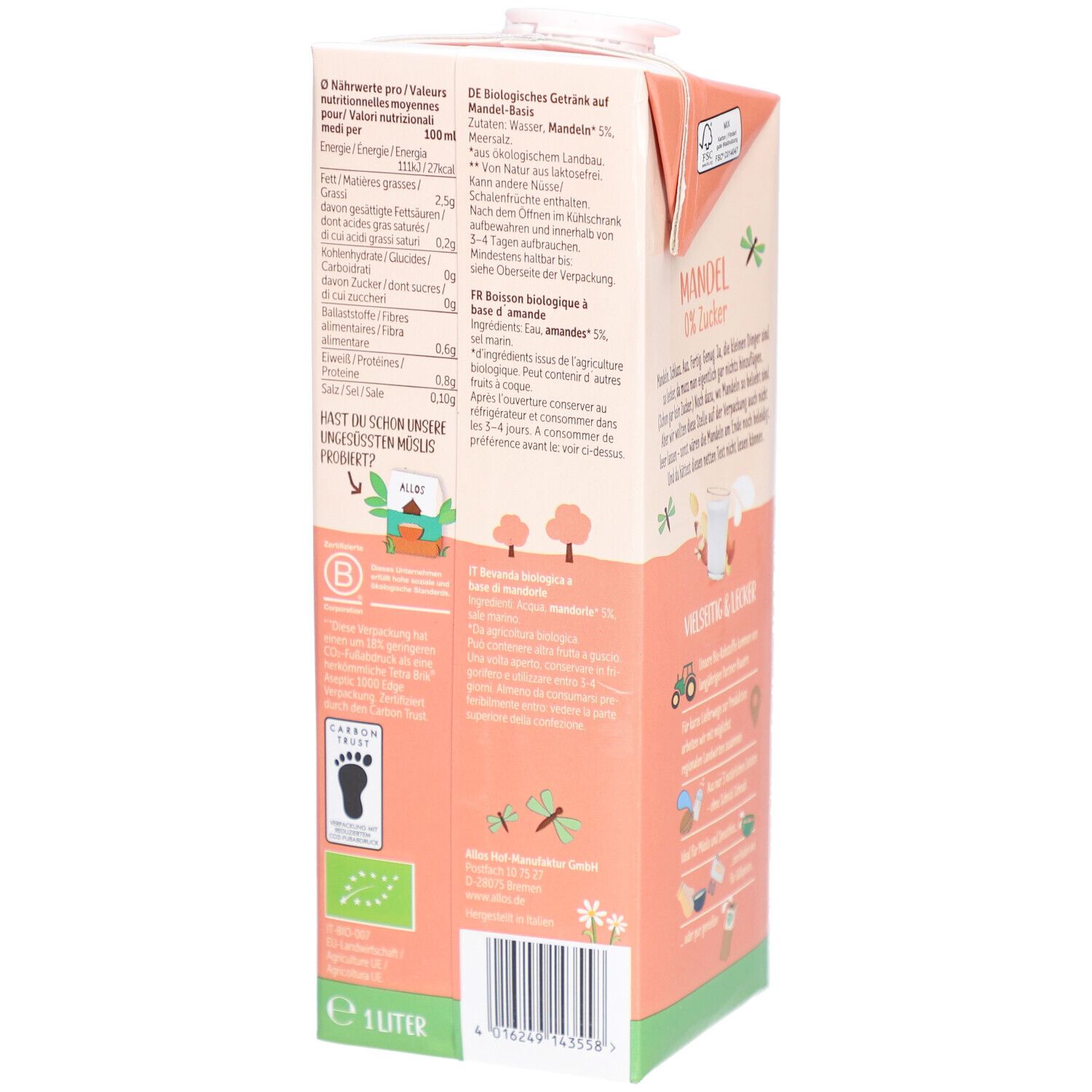 Dos de la brique Allos Mandel Drink, 0% sucre. Informations nutritionnelles, liste des ingrédients, label EU Bio, Vegan, 1 litre.
