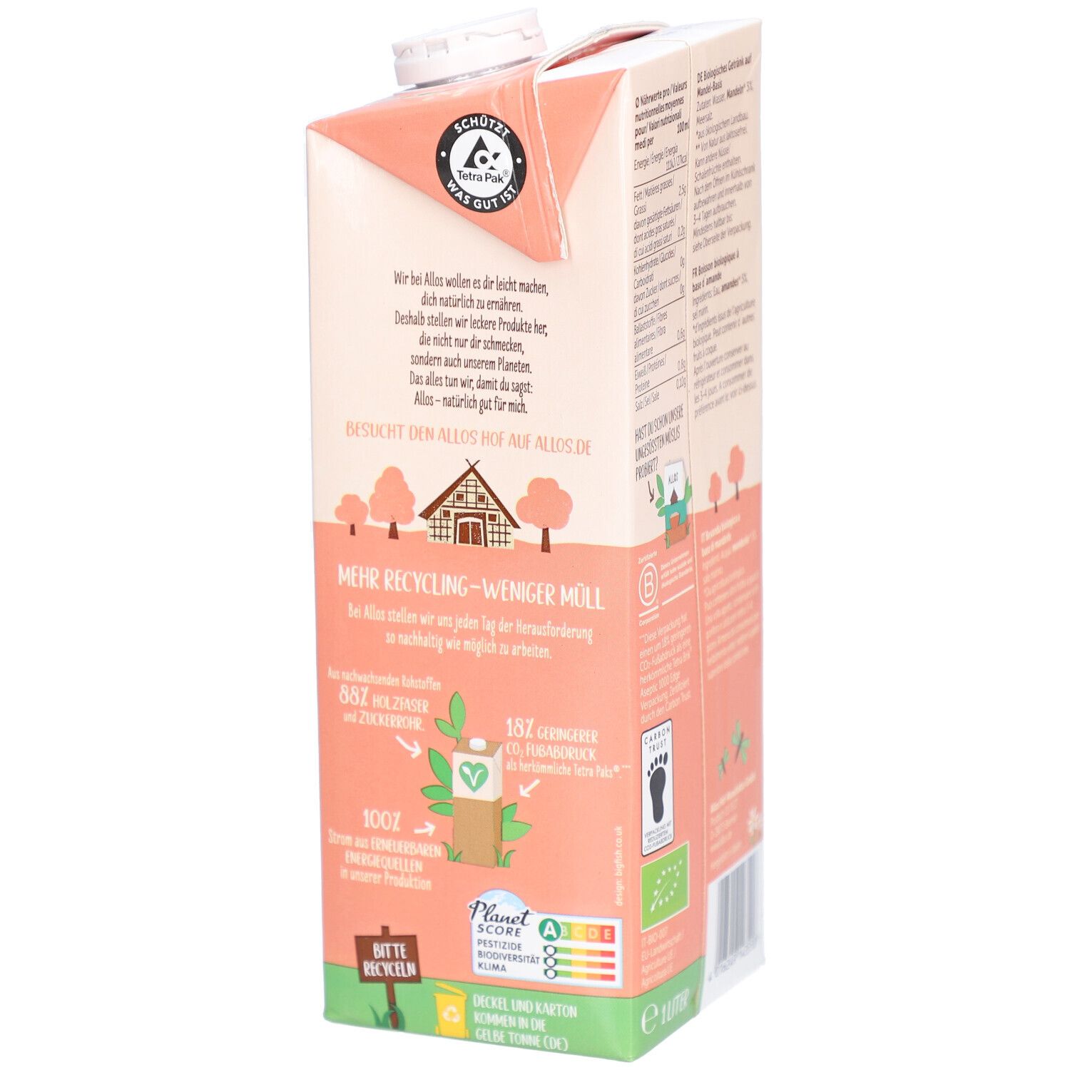 Brique Allos Mandel Drink, 0% sucre. Texte sur le recyclage et la durabilité. Label Planet Score, label EU Bio.