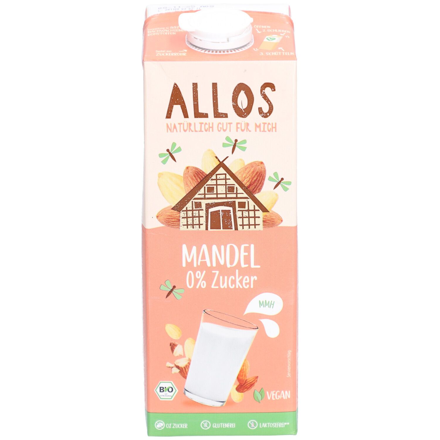 Brique Allos Mandel Drink, 0% sucre. Inscription : Mandel, EU Bio, Vegan. Illustration : verre de boisson aux amandes.