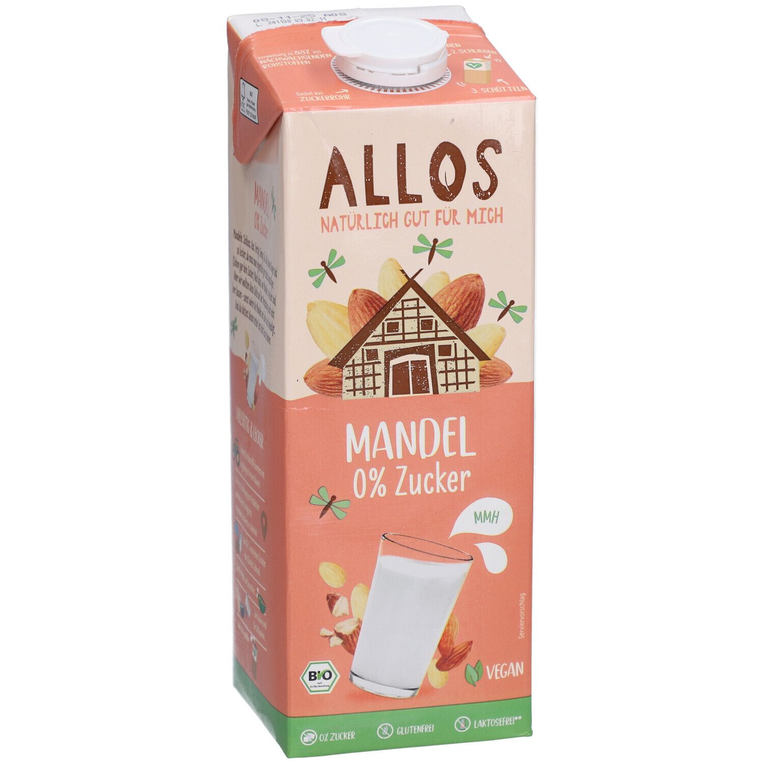 Brique Allos Mandel Drink, 0% sucre. Inscription : Mandel, EU Bio, Vegan. Illustration : verre de boisson aux amandes.