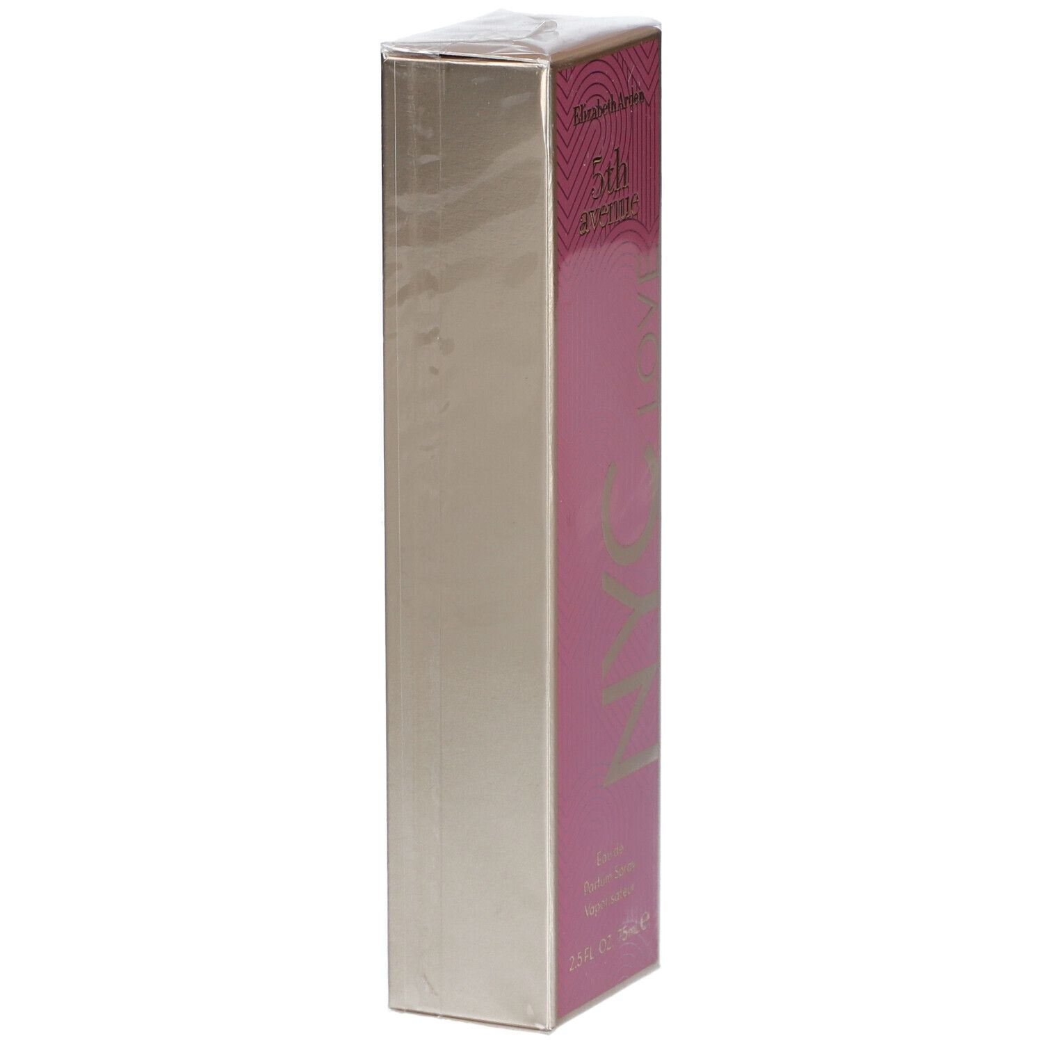 Emballage rectangulaire étroit. Côté rose avec texte doré. Inscription: 5th Avenue NYC LOVE. Emballé dans du film.