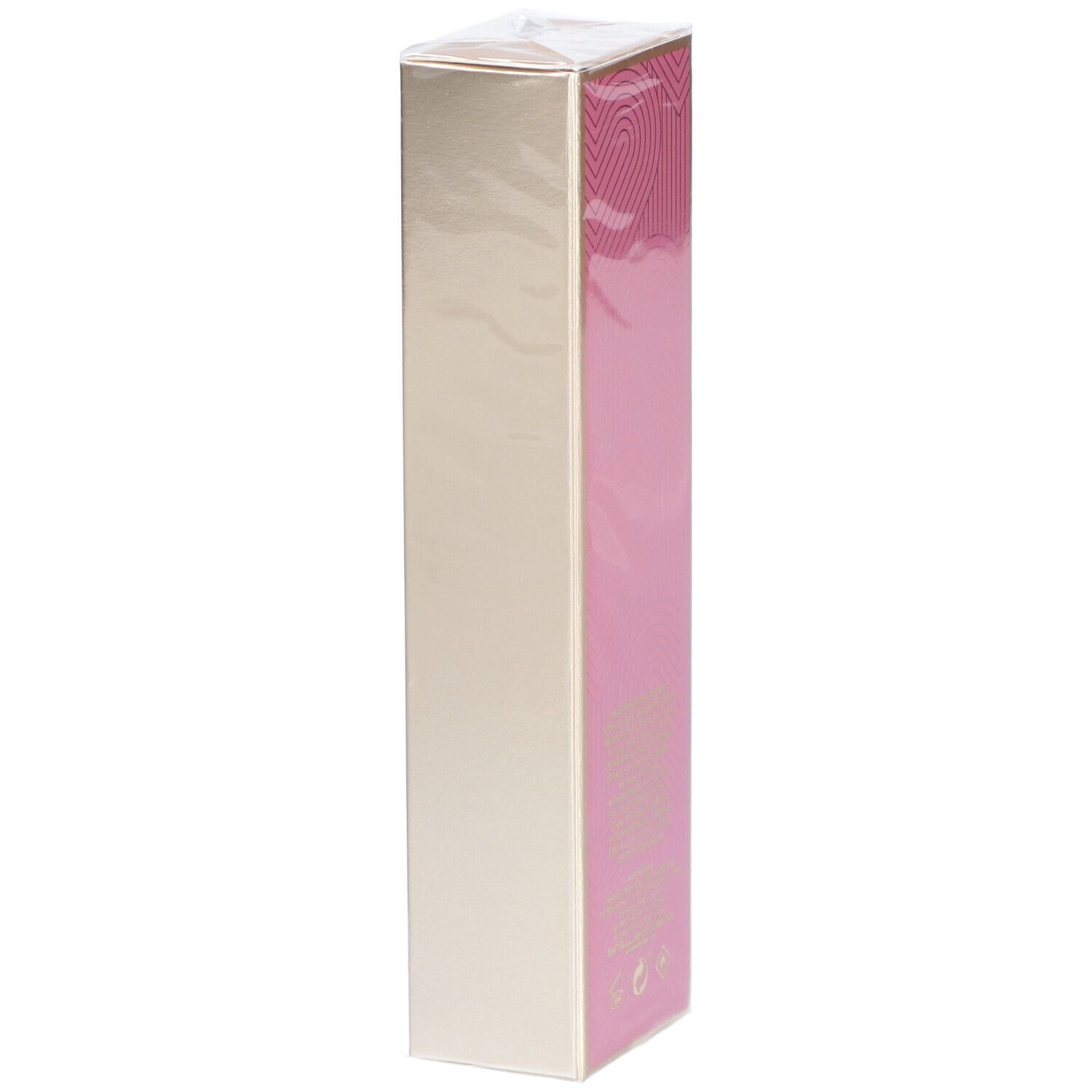 Emballage rectangulaire étroit. Côté rose avec texte doré. Inscription: 5th Avenue NYC LOVE. Emballé dans du film.