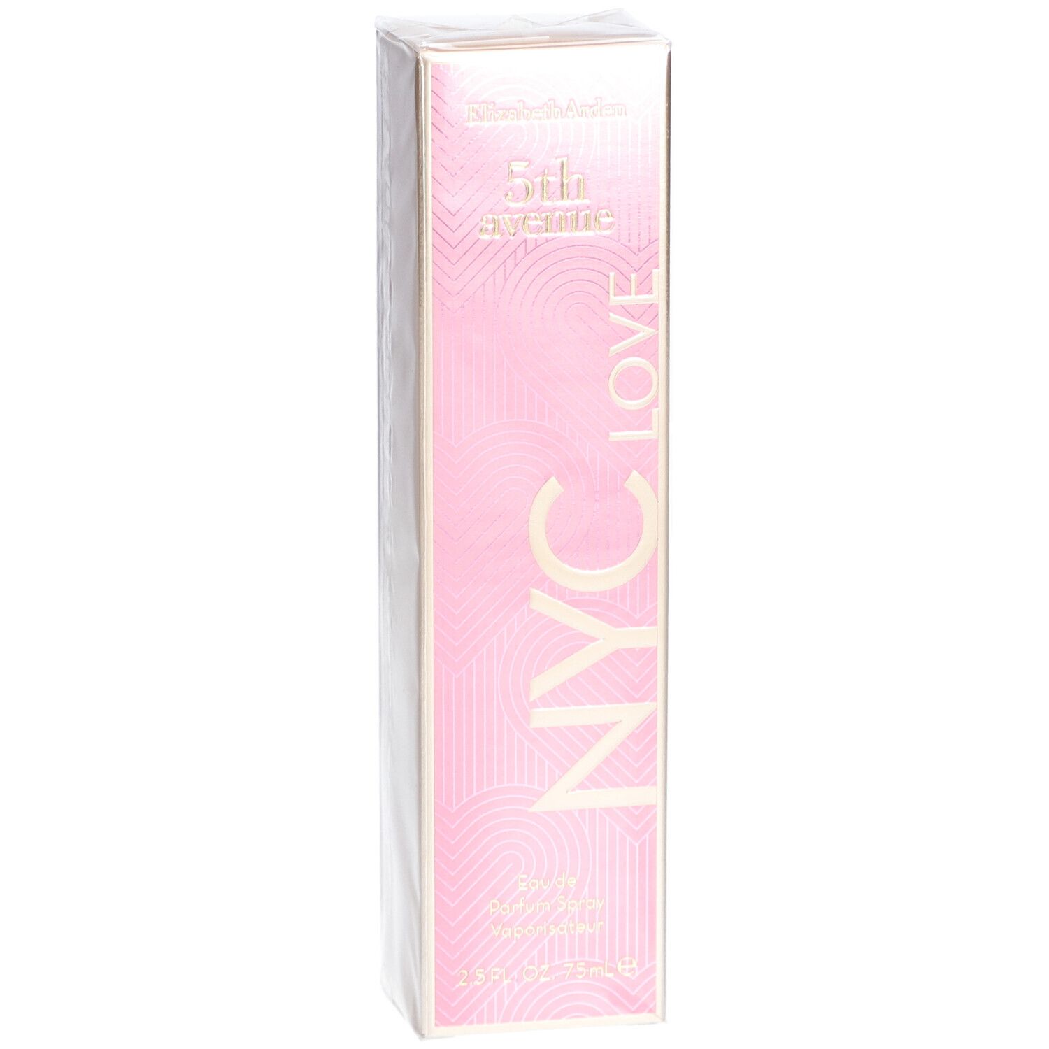 Boîte rose avec texte doré. Inscription: 5th Avenue NYC LOVE. Eau de Parfum Spray. 75 ml.
