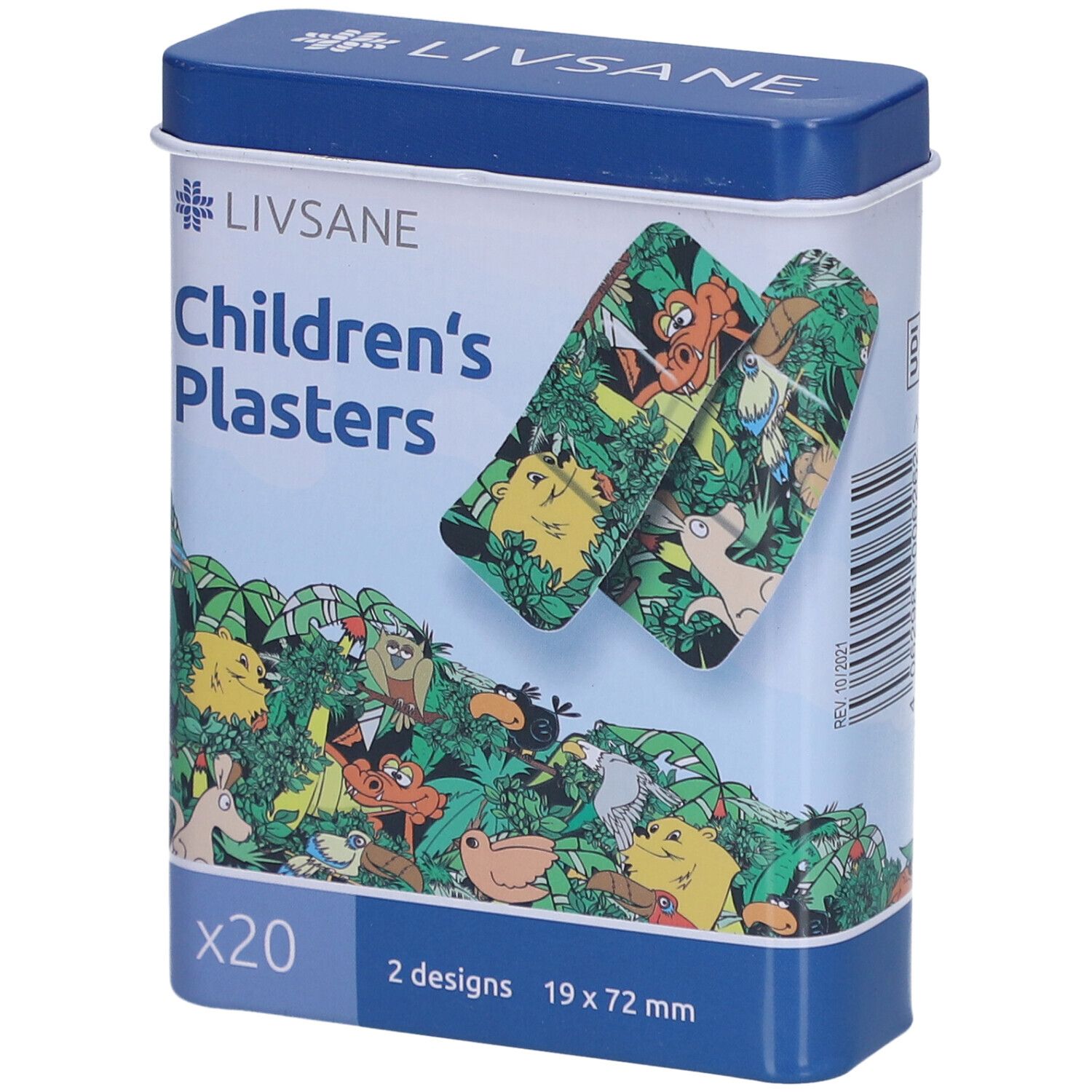 Boîte métallique de pansements pour enfants. 20 pansements avec motif jungle. Dimensions 19 x 72 mm. Marque LIVSANE.
