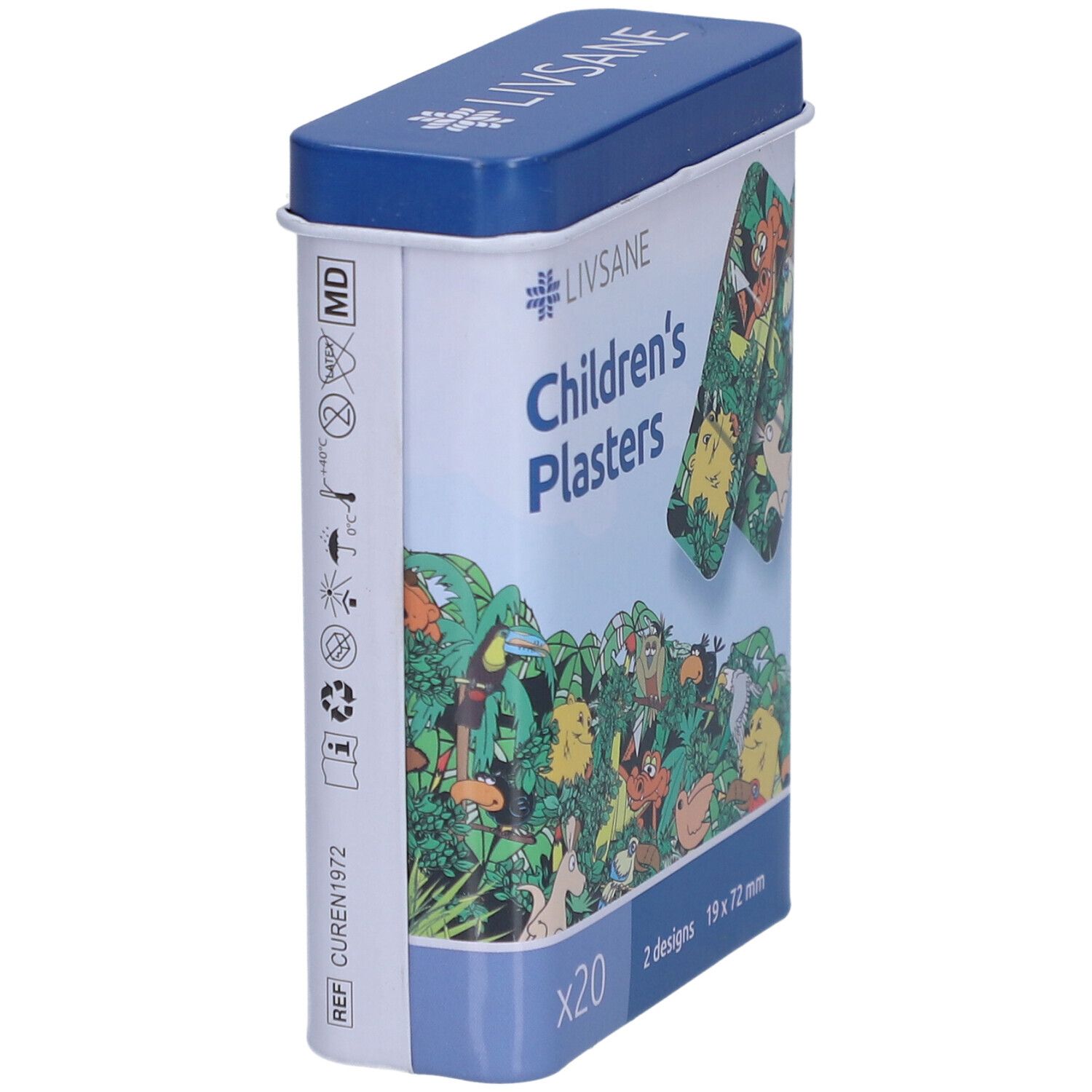 Boîte métallique de pansements pour enfants. Côté avec informations et logo. Marque LIVSANE. Taille 19 x 72 mm.