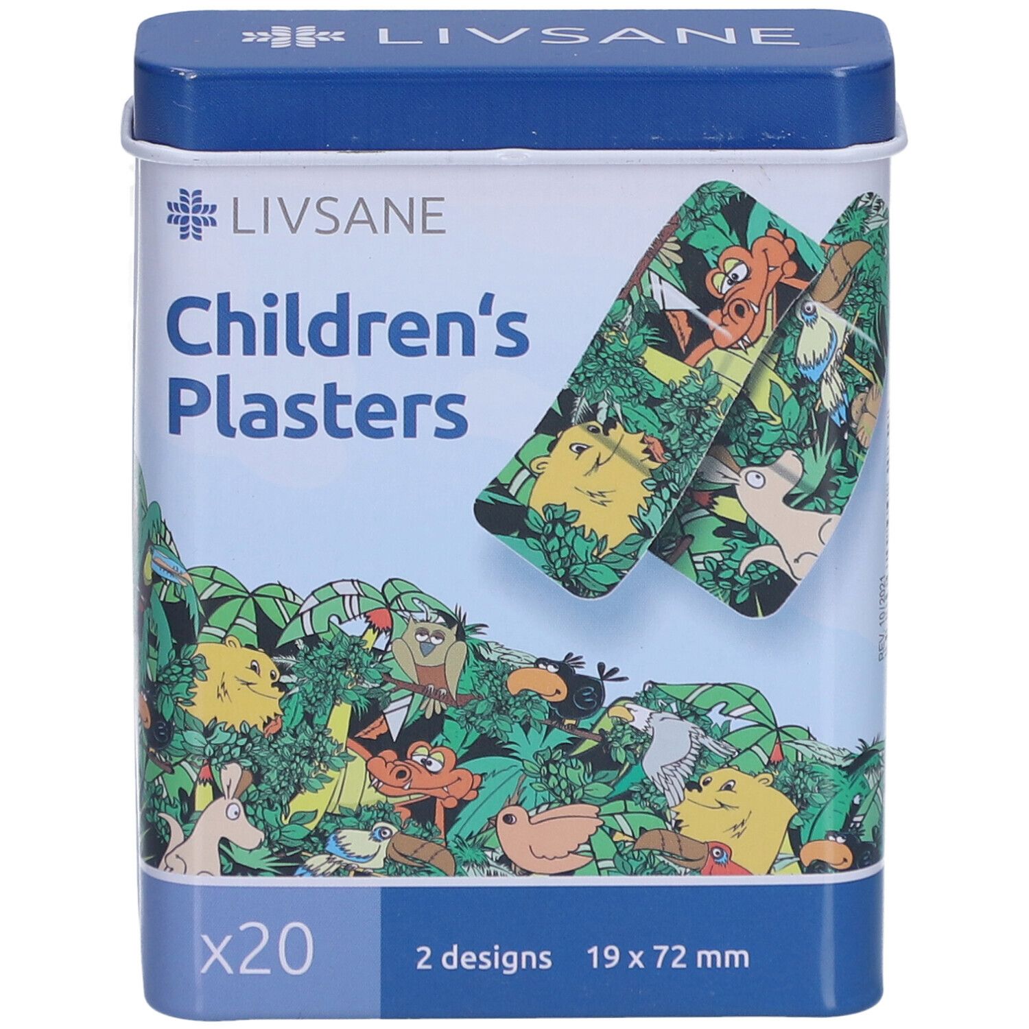 Boîte métallique de pansements pour enfants. 20 pansements avec motif jungle. Marque LIVSANE. Dimensions 19 x 72 mm.