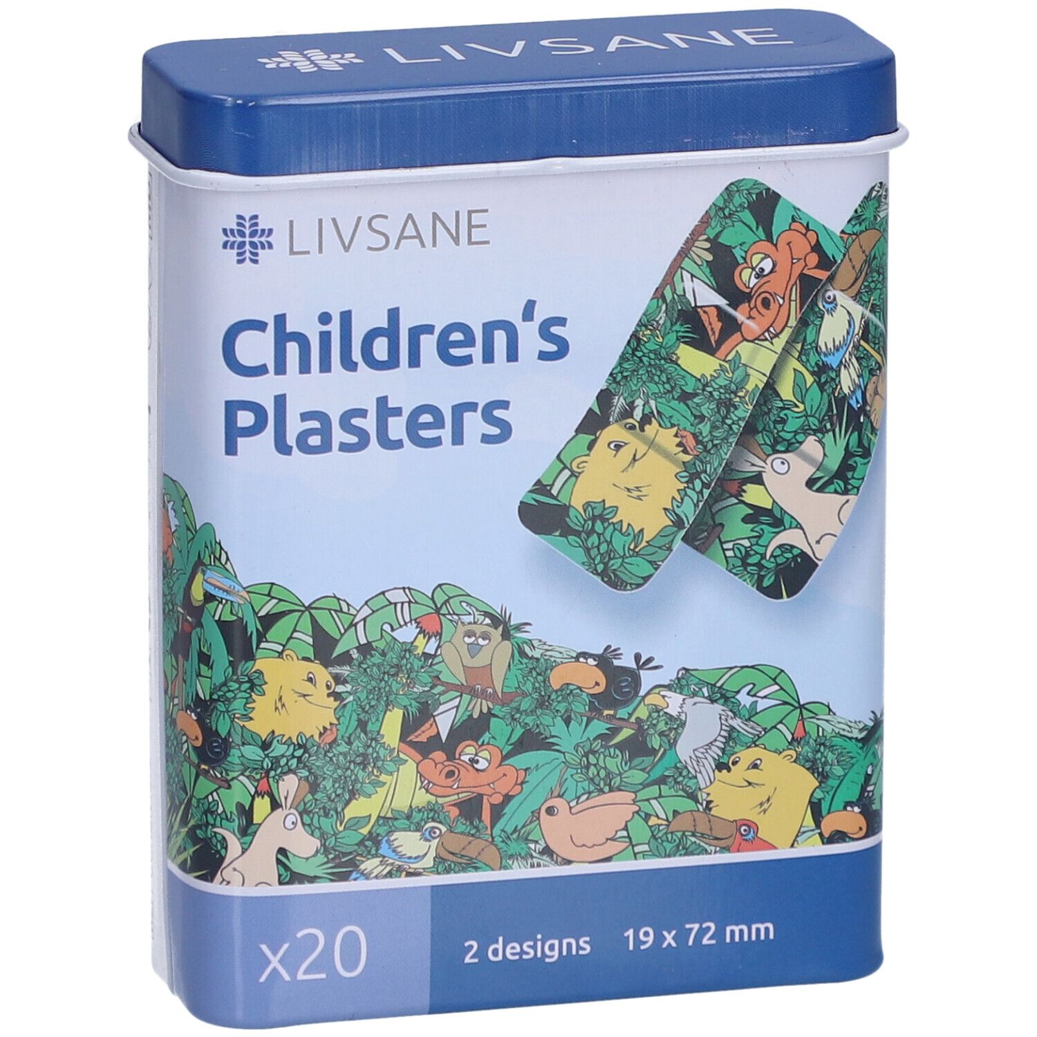 Boîte métallique de pansements pour enfants. 20 pansements avec motif jungle. Marque LIVSANE. Dimensions 19 x 72 mm.