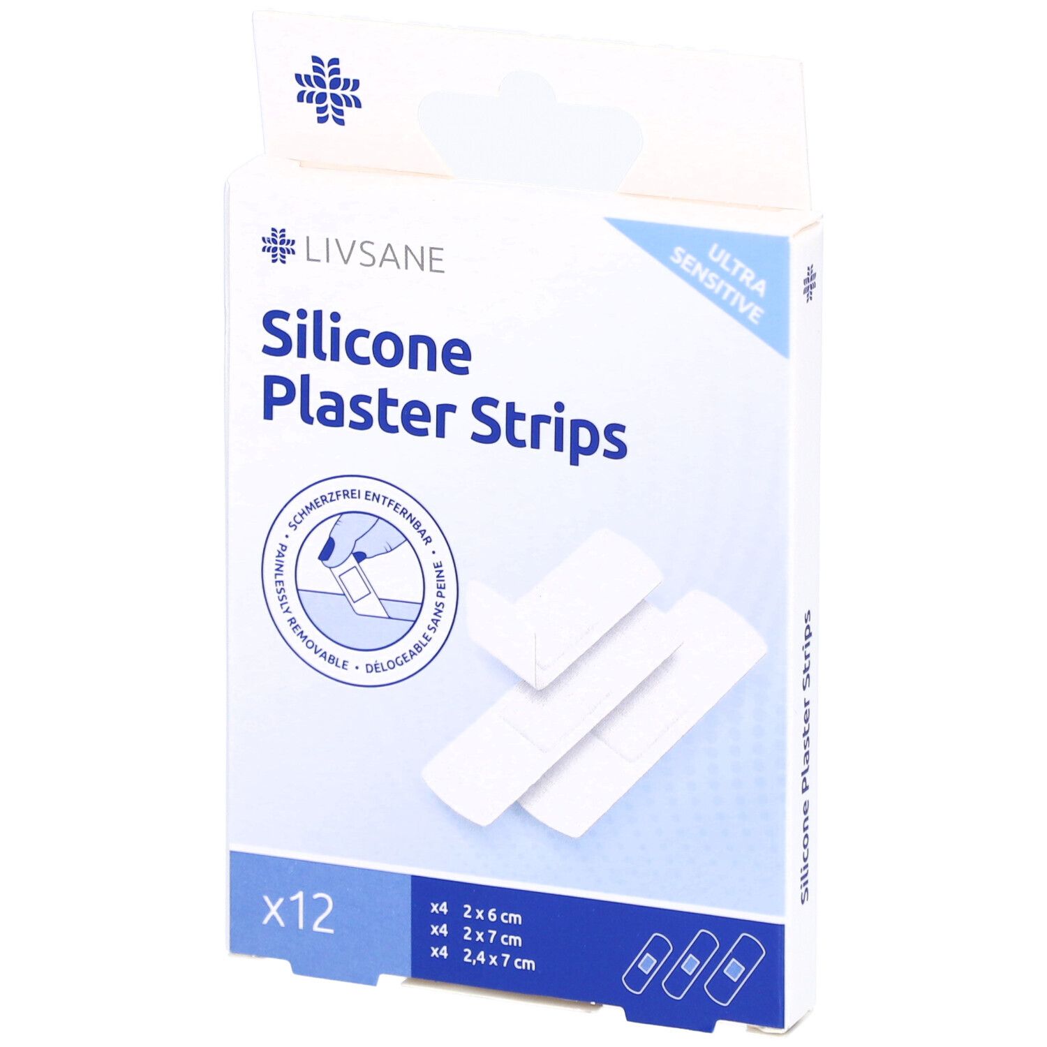 Boîte de pansements en silicone LIVSANE. Contient 12 pansements en 3 tailles. Inscription : Ultra Sensitive.