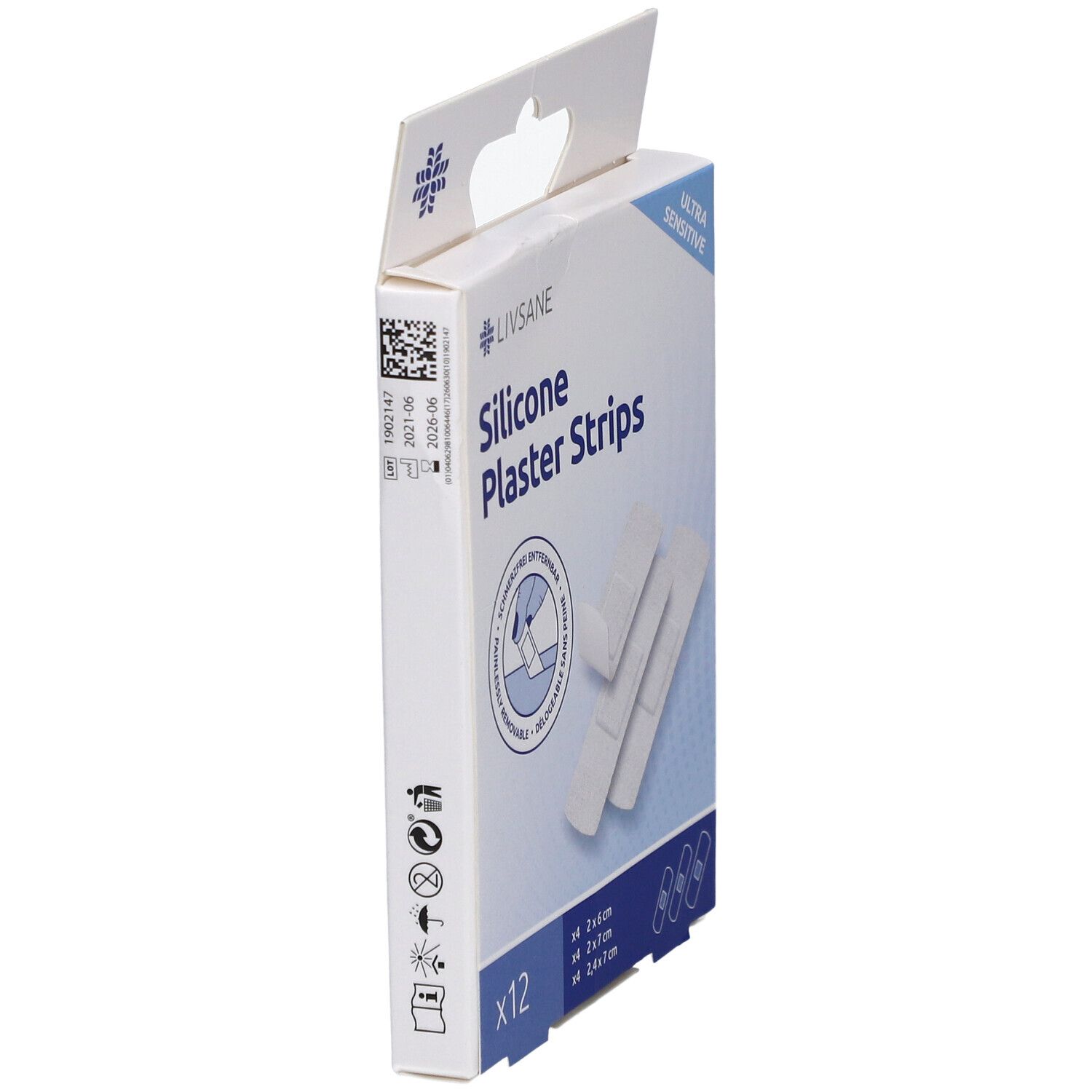 Vue latérale de la boîte de pansements en silicone LIVSANE. Inscription : Ultra Sensitive. 12 pièces.