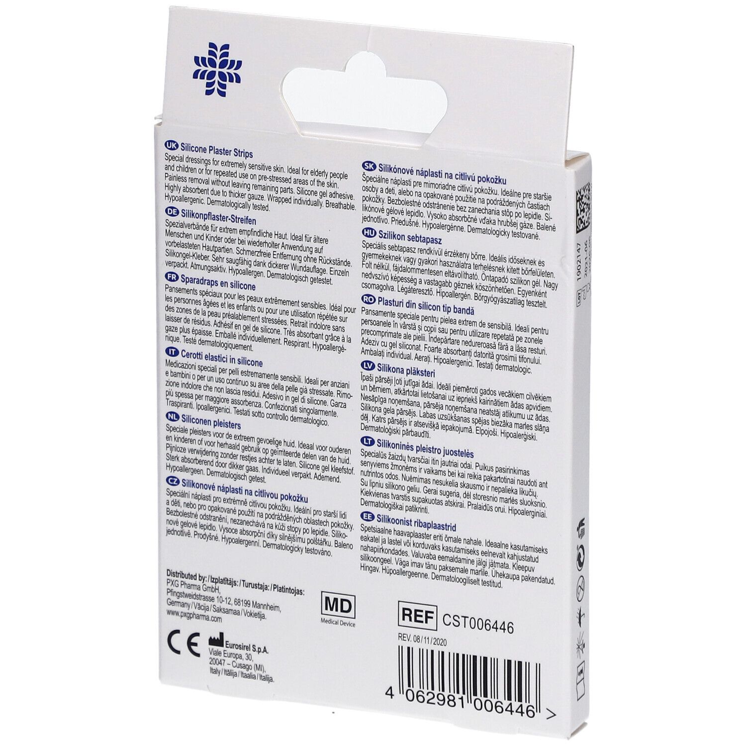 Dos de la boîte avec textes en plusieurs langues. Contient des informations sur les pansements en silicone LIVSANE.
