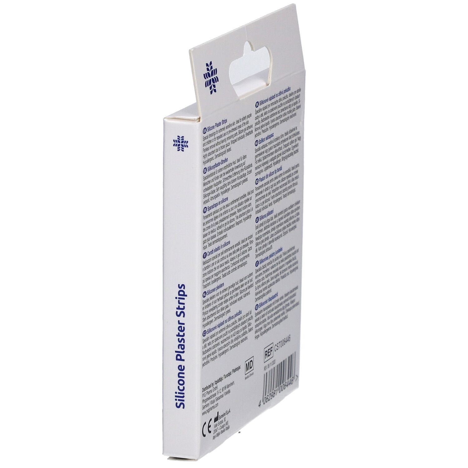Vue latérale de la boîte avec textes en plusieurs langues. Contient des informations sur les pansements en silicone LIVSANE.