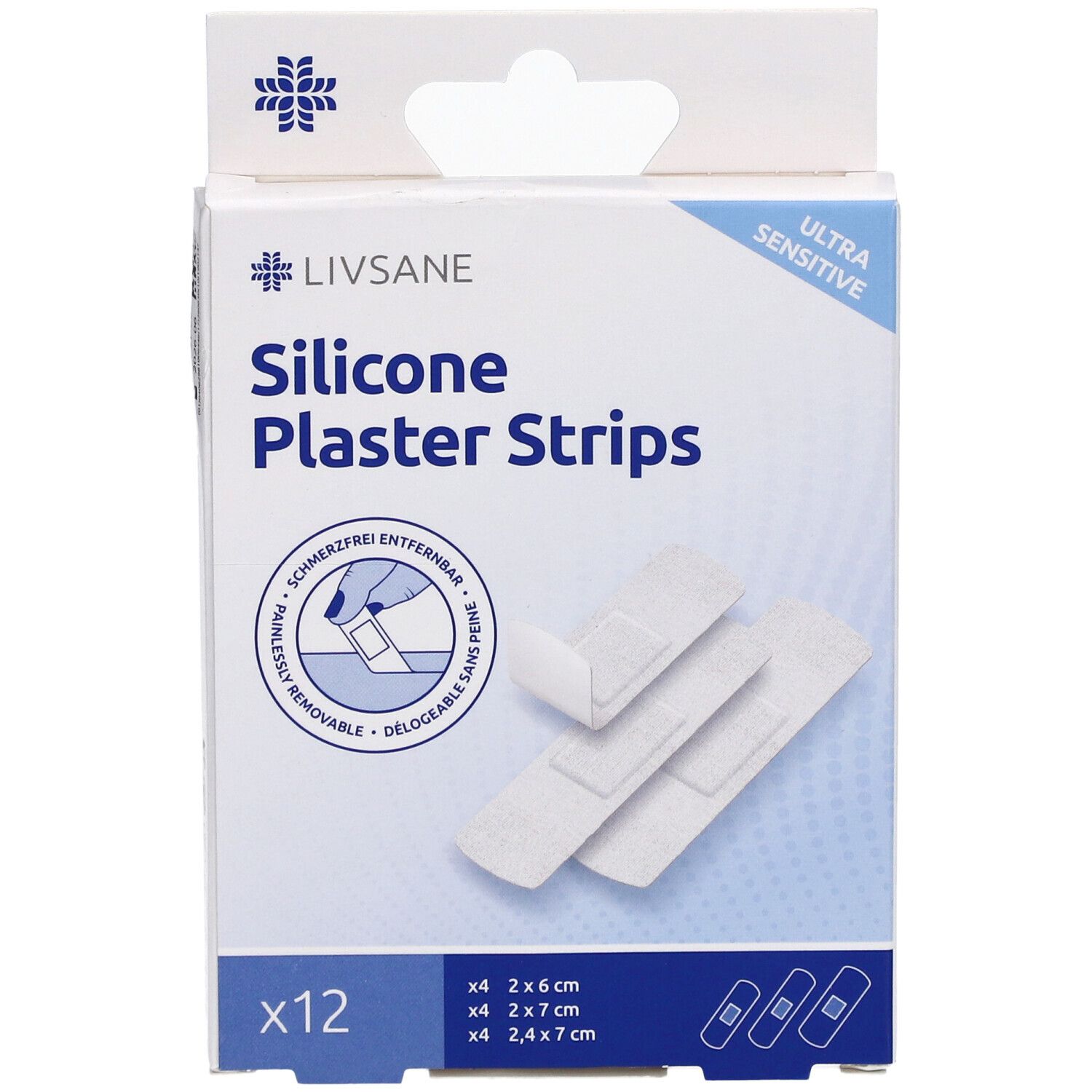 Boîte de pansements en silicone LIVSANE. Contient 12 pansements en 3 tailles. Inscription : Ultra Sensitive.