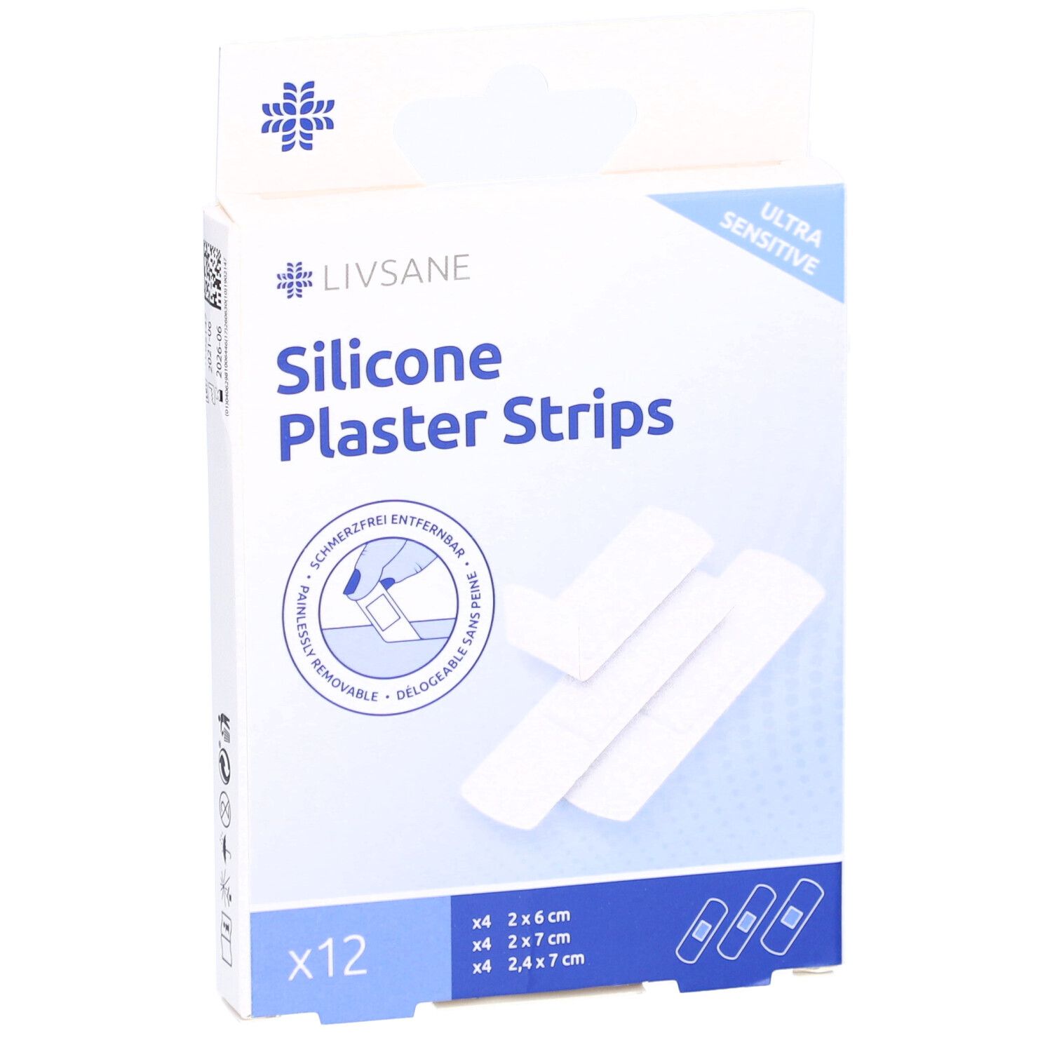 Boîte de pansements en silicone LIVSANE. Contient 12 pansements en 3 tailles. Inscription : Ultra Sensitive.