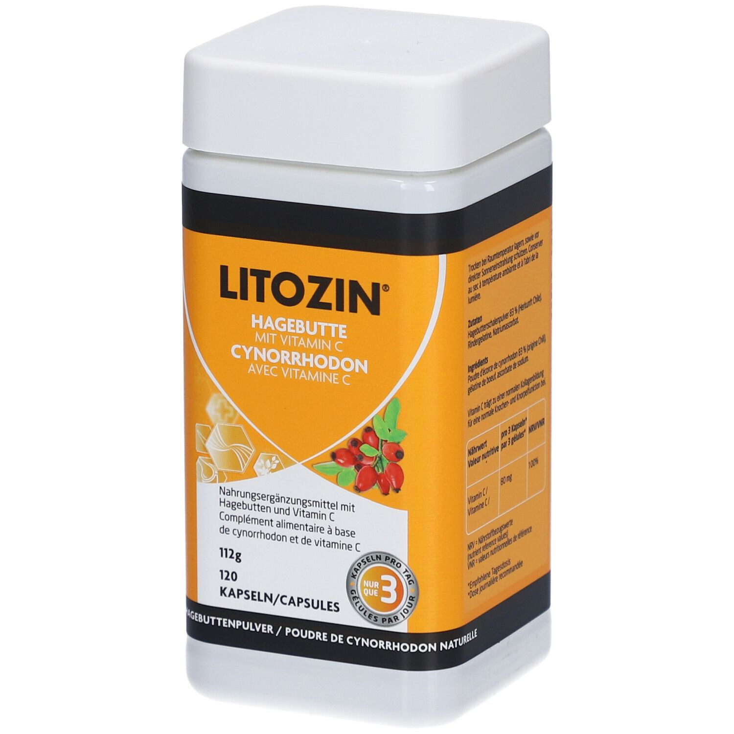 Boîte rectangulaire à couvercle blanc. Inscription Litozin, Cynorrhodon avec vitamine C. 120 gélules. Fond orange.