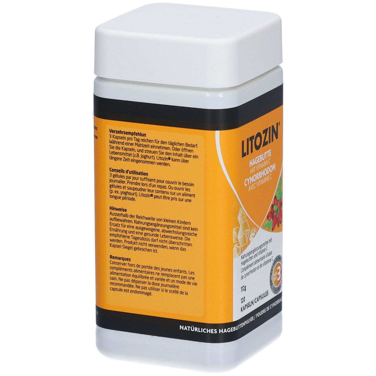 Boîte avec couvercle blanc. Texte sur l'utilisation et les ingrédients. Fond orange. Inscription Litozin, Cynorrhodon avec vitamine C.