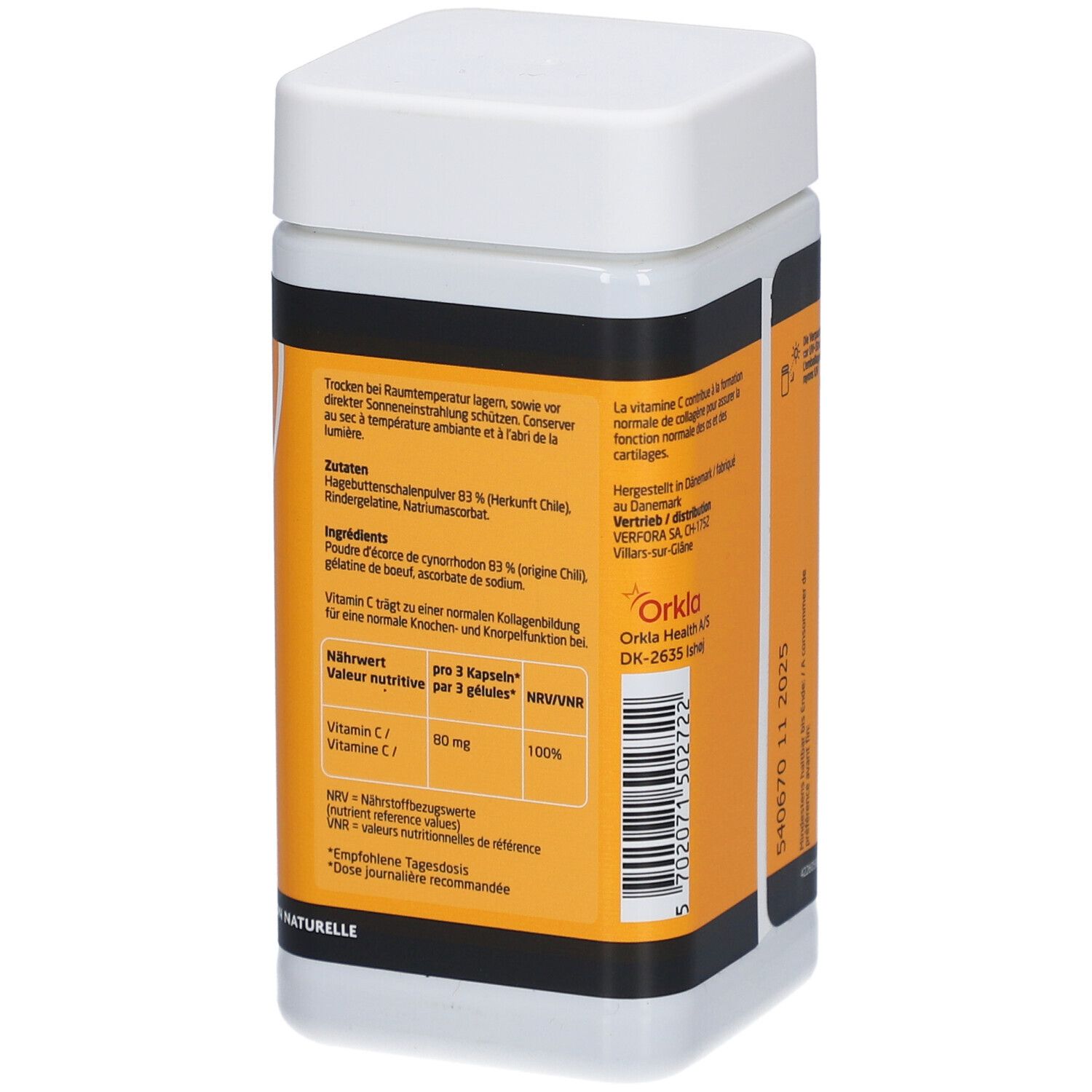 Boîte avec couvercle blanc. Texte sur les ingrédients et la valeur nutritionnelle. Fond orange. Inscription Litozin, Cynorrhodon avec vitamine C.