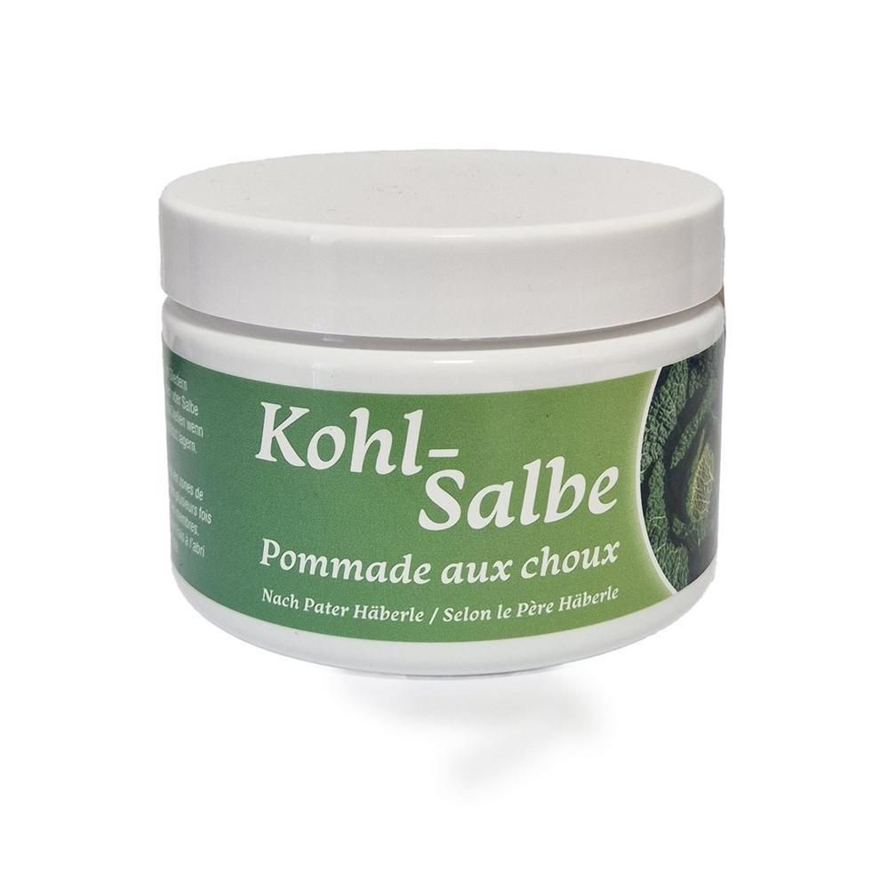 Pot blanc avec étiquette verte. Inscription: Kohl-Salbe, Pommade aux choux. Nach Pater Häberle.