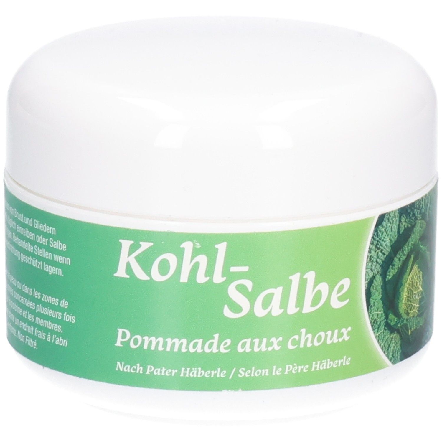 Pot blanc avec étiquette verte. Inscription: Kohl-Salbe, Pommade aux choux. Texte en allemand et français.