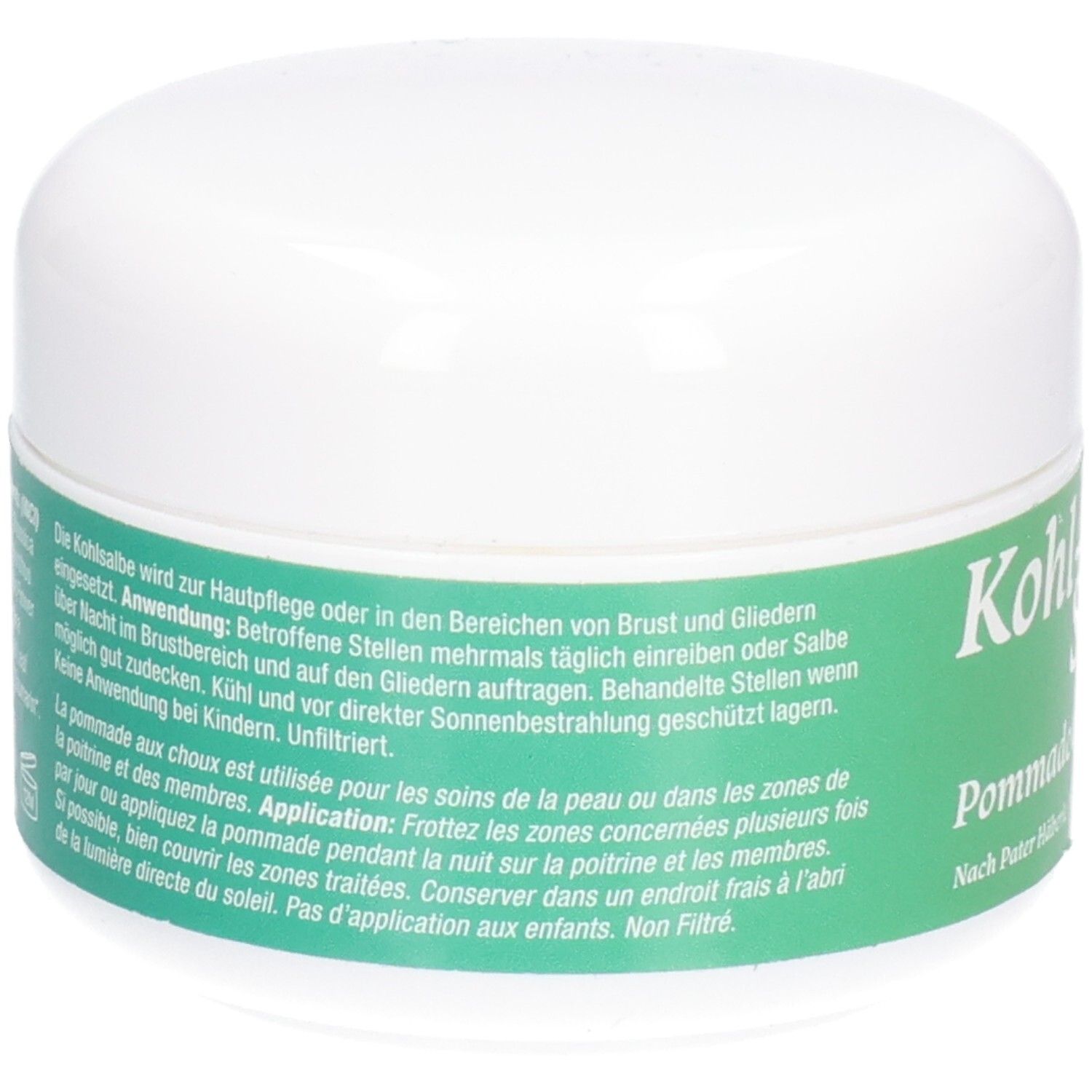 Pot blanc avec étiquette verte. Texte en allemand et français. Inscription: Kohl-Salbe, Pommade aux choux.