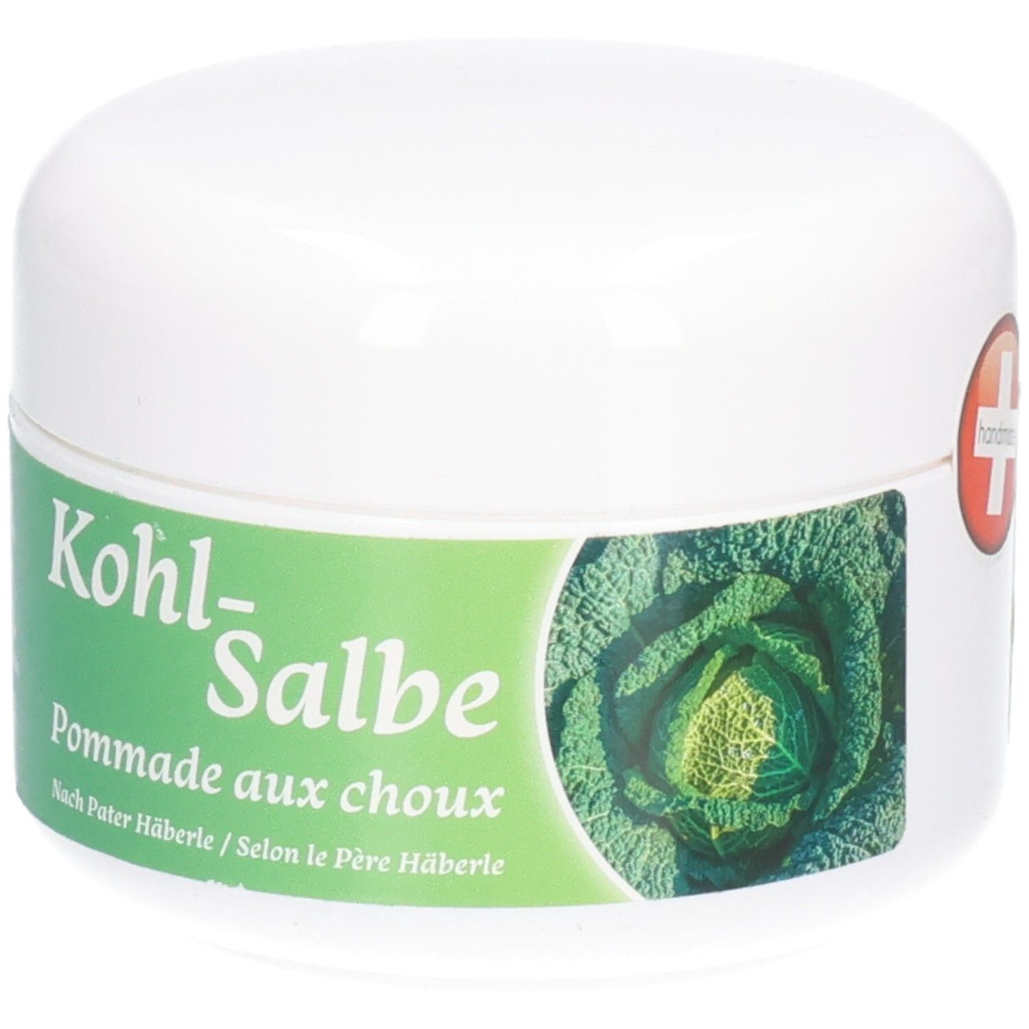 Pot blanc avec étiquette verte. Croix suisse et inscription: handmade. Inscription: Kohl-Salbe, Pommade aux choux.