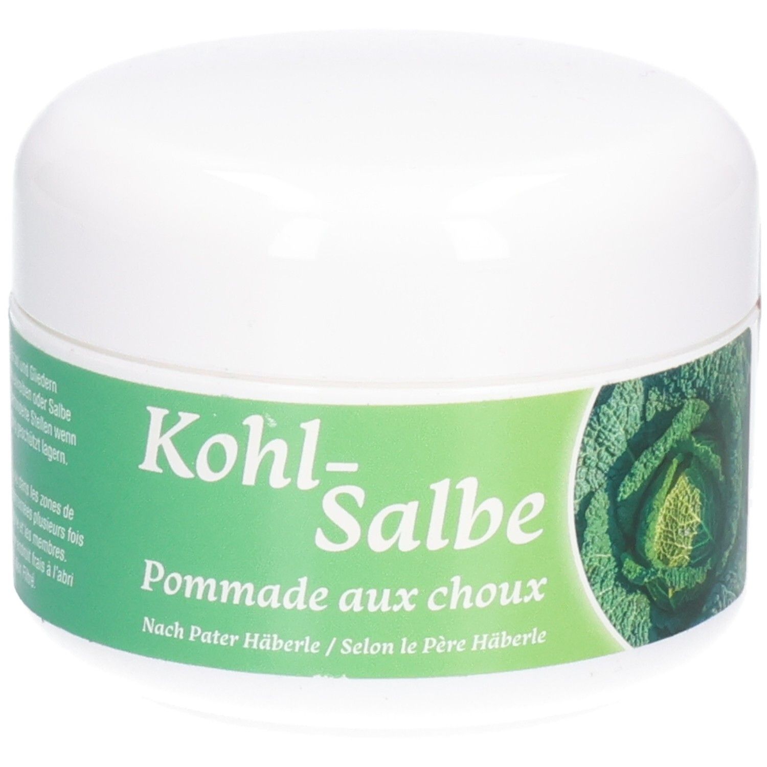 Pot blanc avec étiquette verte. Inscription: Kohl-Salbe, Pommade aux choux. Nach Pater Häberle.