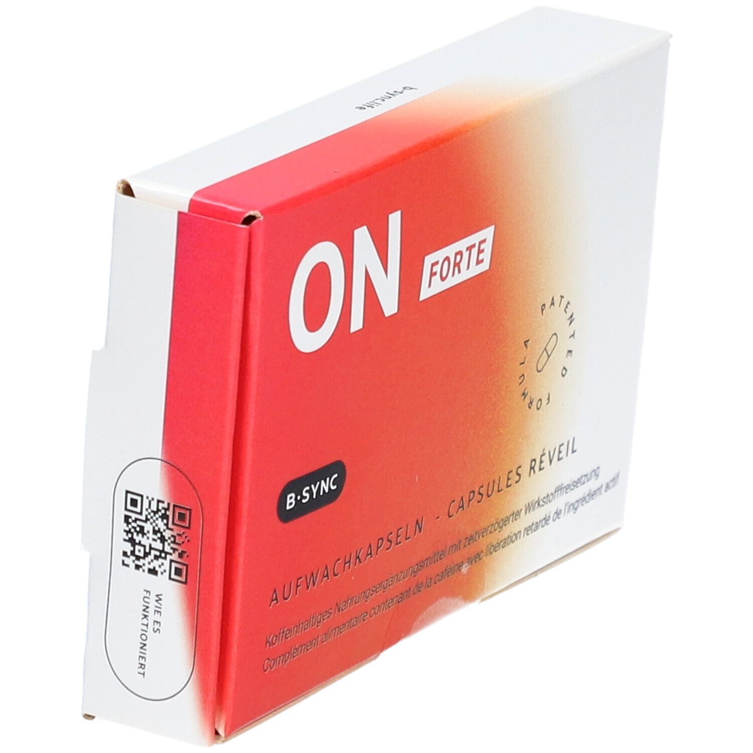 Boîte "ON FORTE" capsules réveil. Blanc-rouge, texte, symbole de capsule. Code QR et logo.
