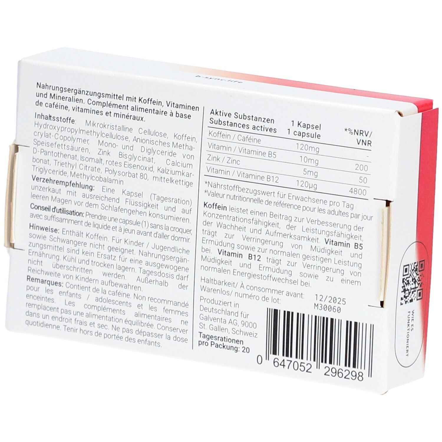 Dos de la boîte de capsules "ON FORTE". Texte, ingrédients, informations nutritionnelles, code QR.