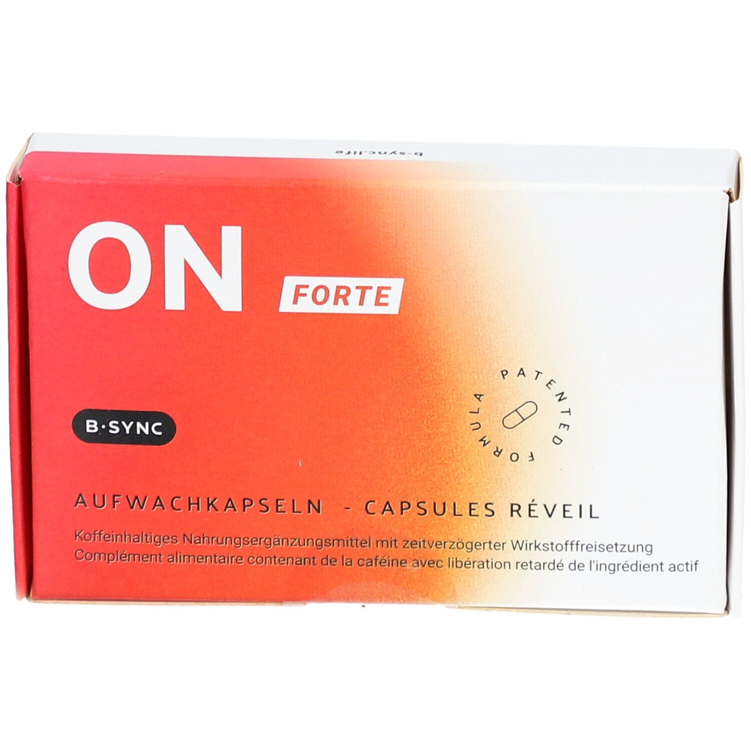 Boîte "ON FORTE" capsules réveil. Blanc-rouge, texte, symbole de capsule. Logo B-SYNC.
