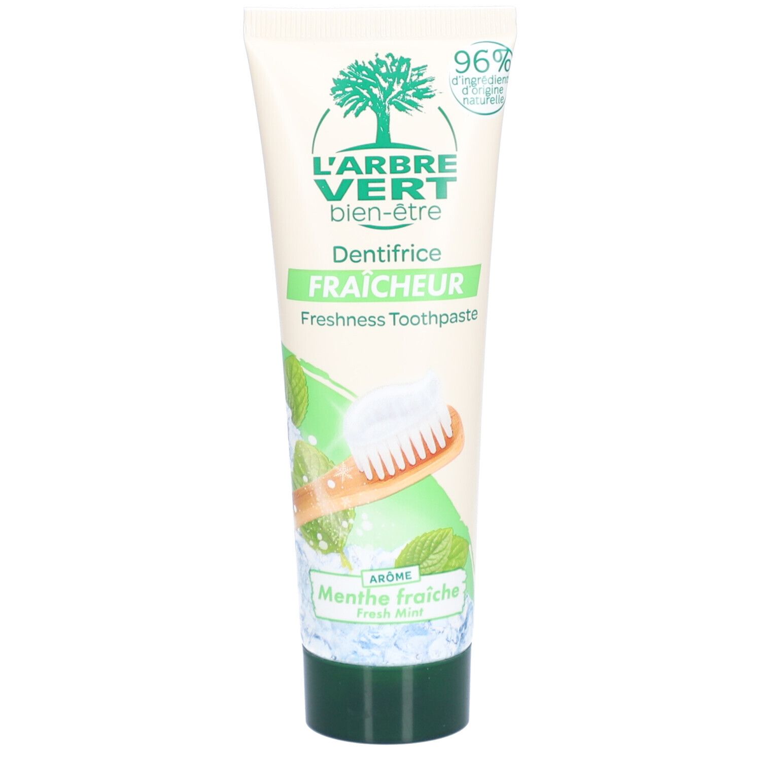 Tube de dentifrice L'ARBRE VERT. Inscription : Dentifrice Fraîcheur, 96% d'ingrédients d'origine naturelle. Bouchon vert.