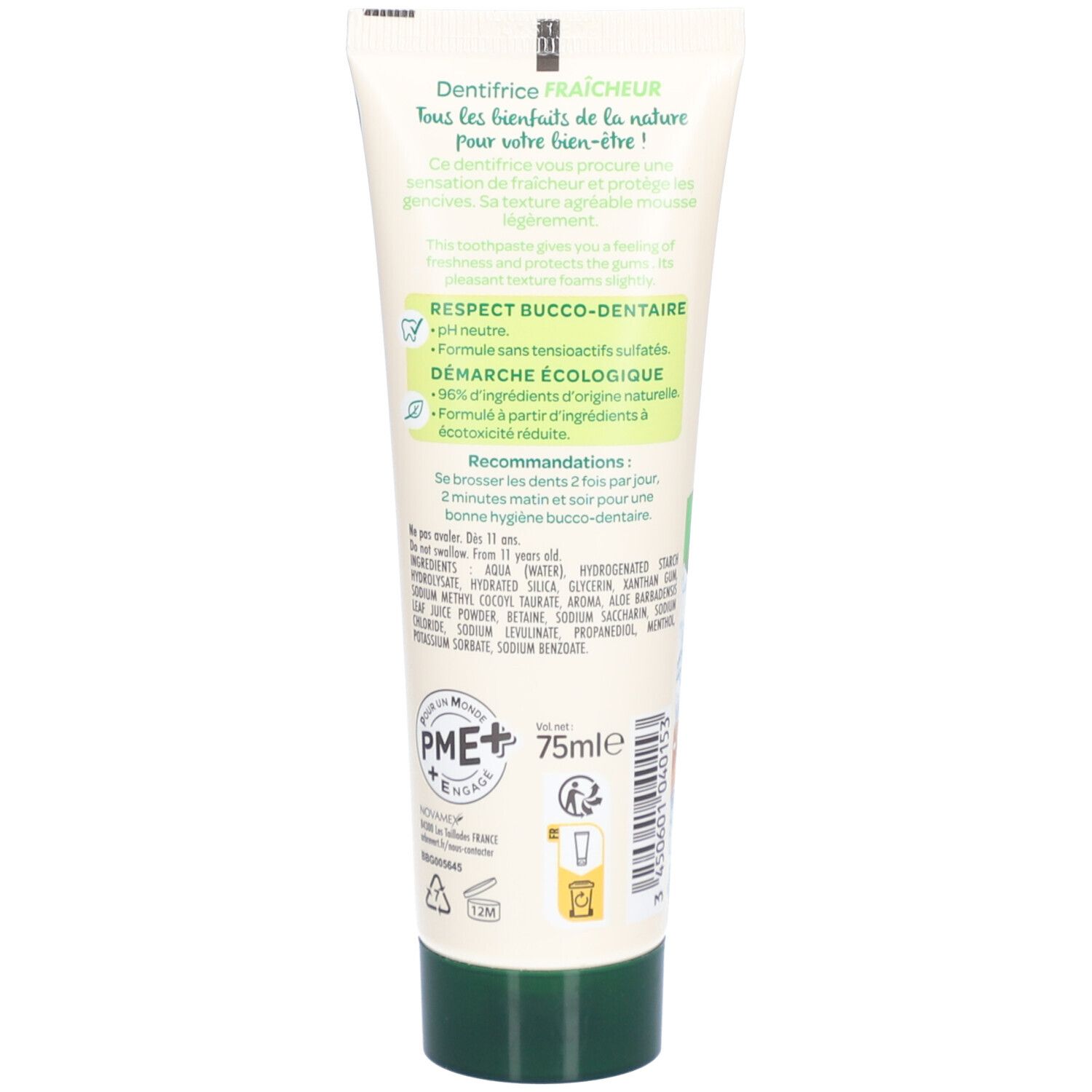 Dos du tube de dentifrice. Texte: Dentifrice fraîcheur, 75ml, Demarche Ecologique, PME+. Bouchon vert.