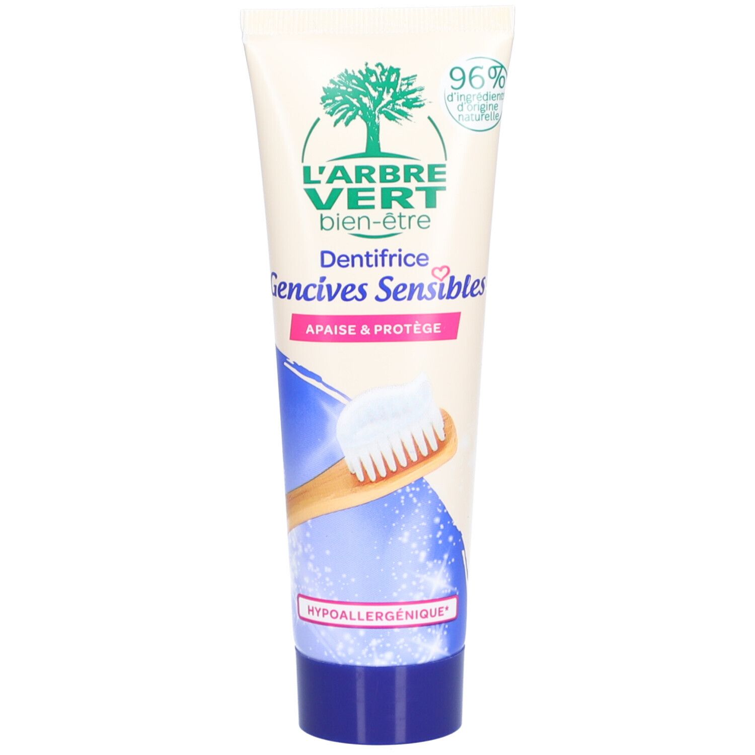 Tube de dentifrice blanc avec logo arbre vert. Inscription : "Dentifrice Gencives Sensibles". Mention "Hypoallergénique".