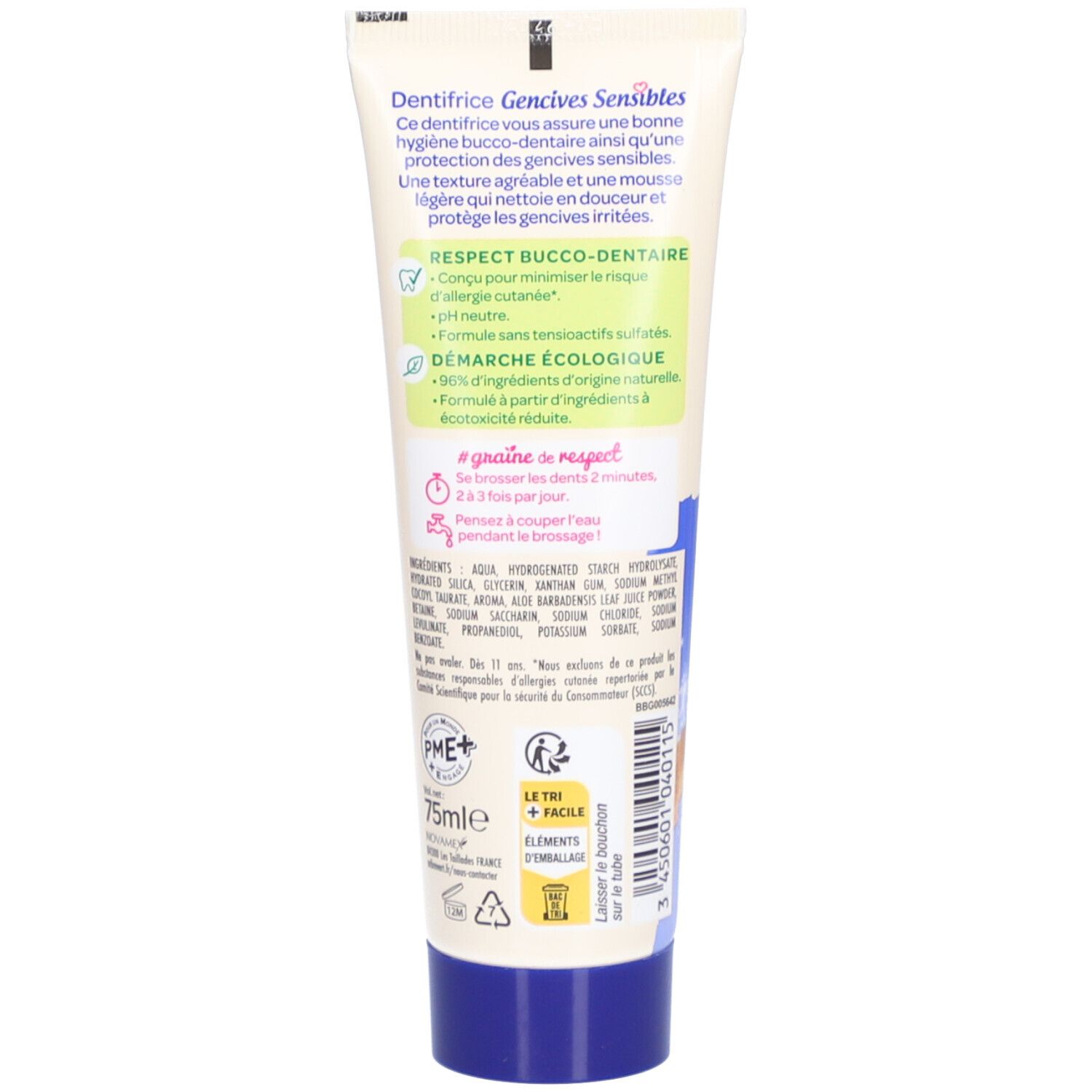 Dos du tube de dentifrice. Texte : "Dentifrice Gencives Sensibles". Ingrédients et informations environnementales.